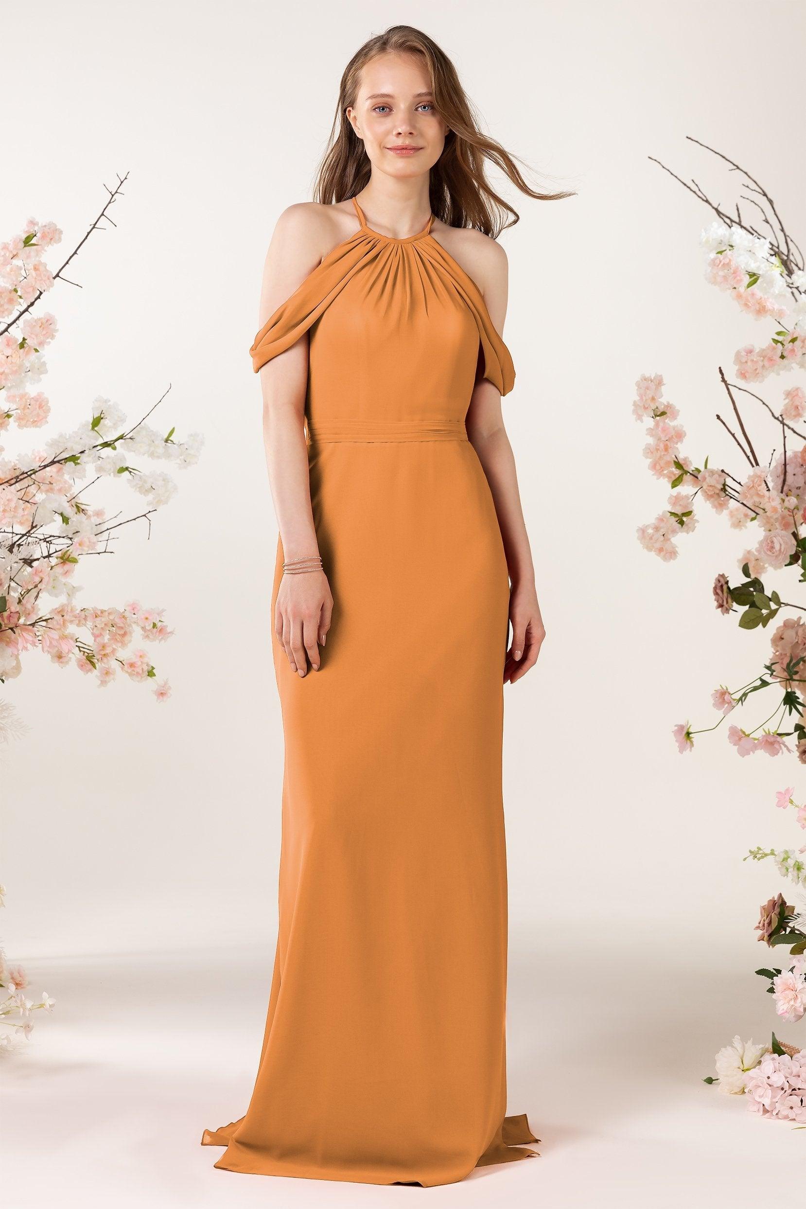 Sheath-Column Sweep Train Chiffon Bridesmaid Dress CB0463 - COCOMELODY