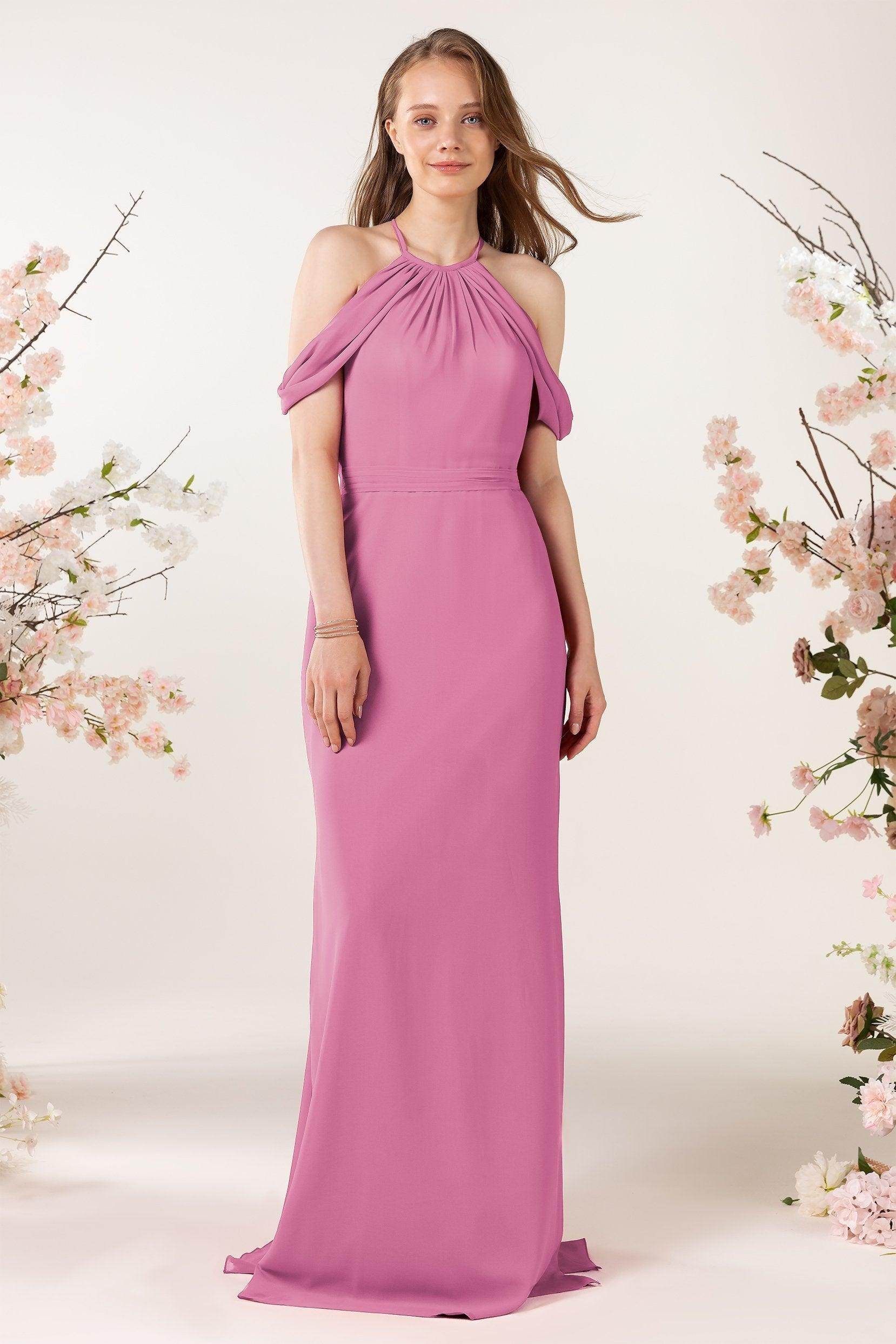Sheath-Column Sweep Train Chiffon Bridesmaid Dress CB0463 - COCOMELODY