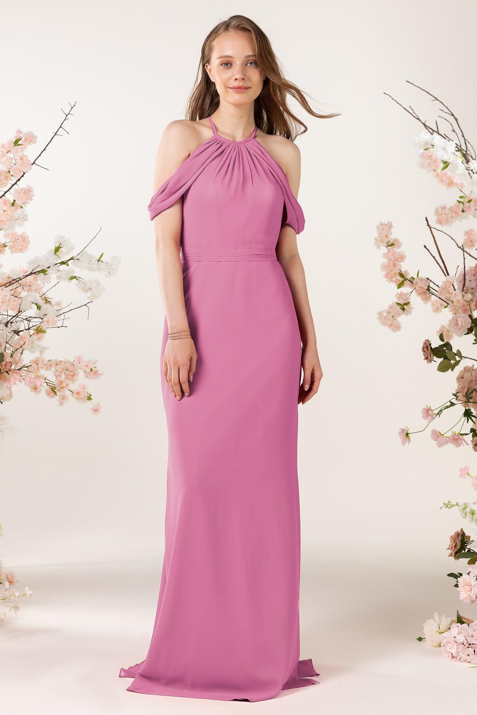 Sheath-Column Sweep Train Chiffon Bridesmaid Dress CB0463 - COCOMELODY