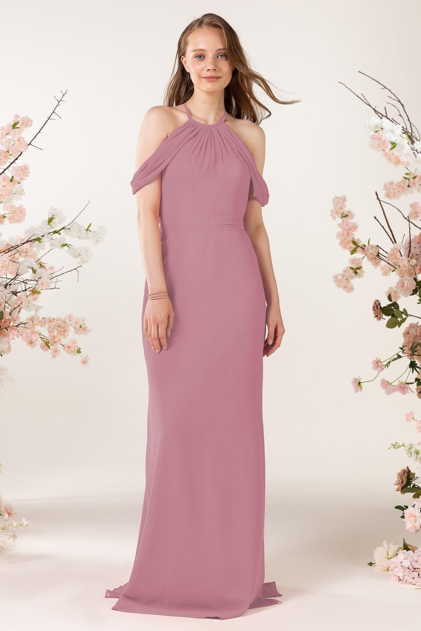 Sheath-Column Sweep Train Chiffon Bridesmaid Dress CB0463 - COCOMELODY