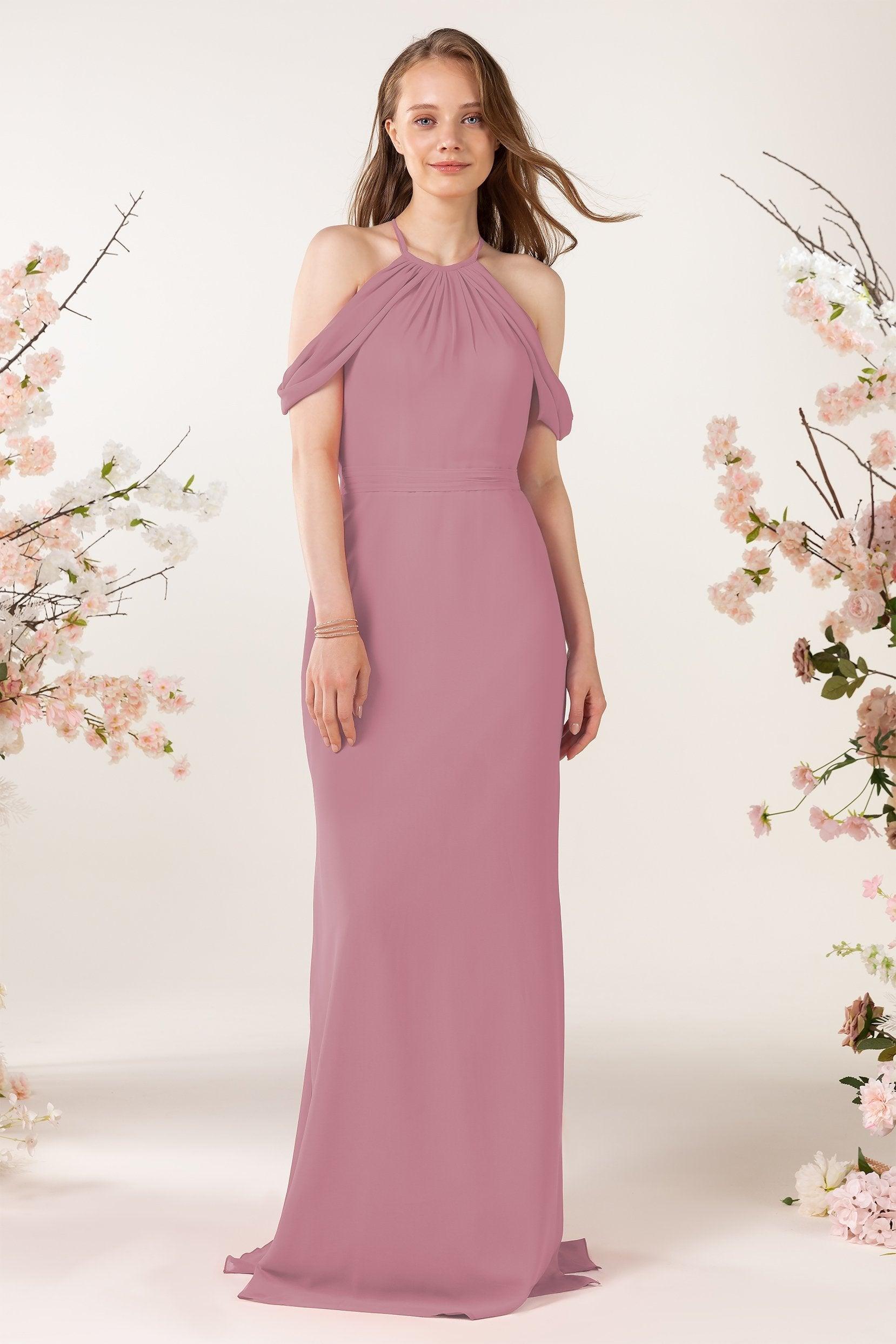 Sheath-Column Sweep Train Chiffon Bridesmaid Dress CB0463 - COCOMELODY