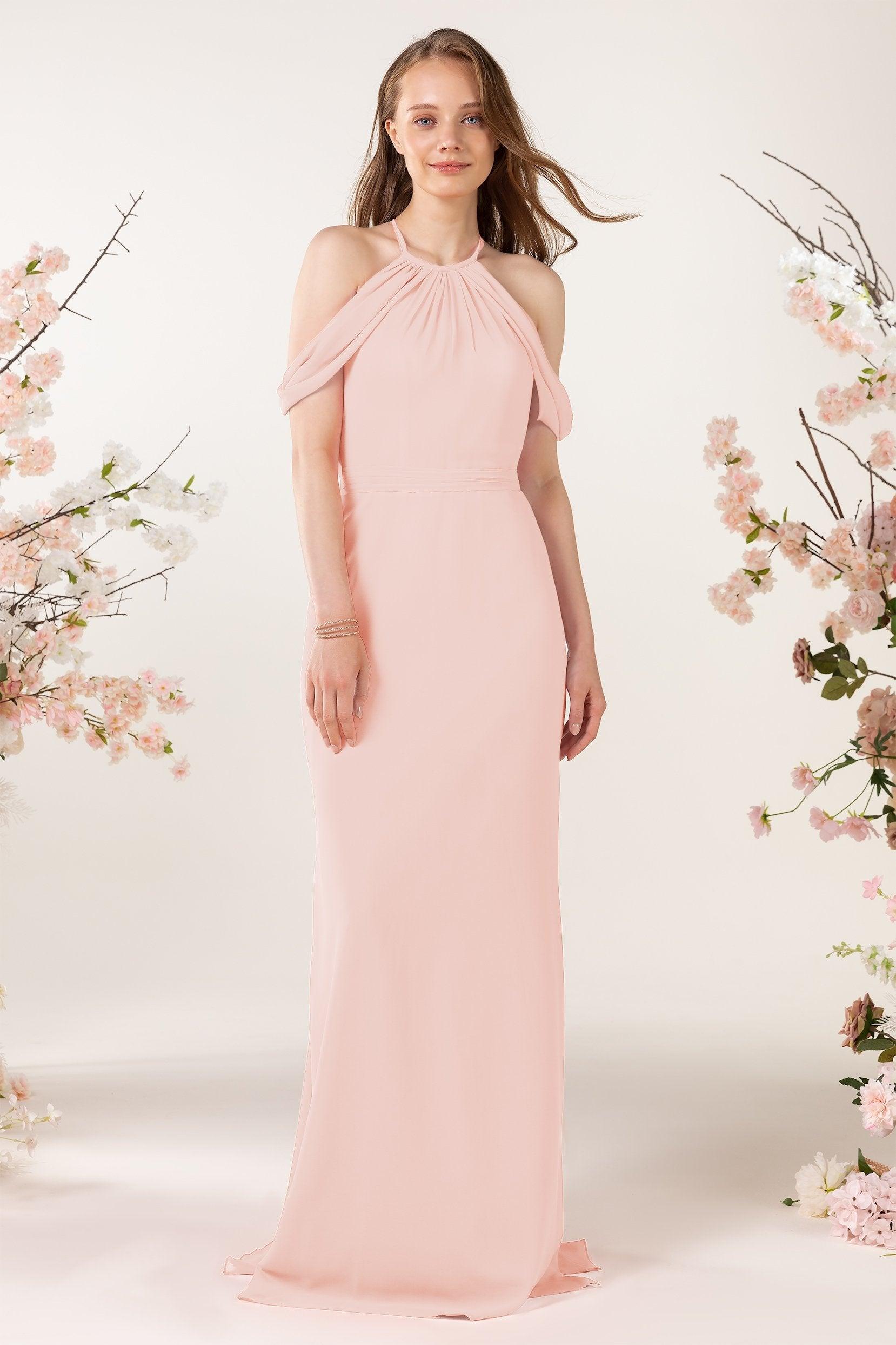 Sheath-Column Sweep Train Chiffon Bridesmaid Dress CB0463 - COCOMELODY