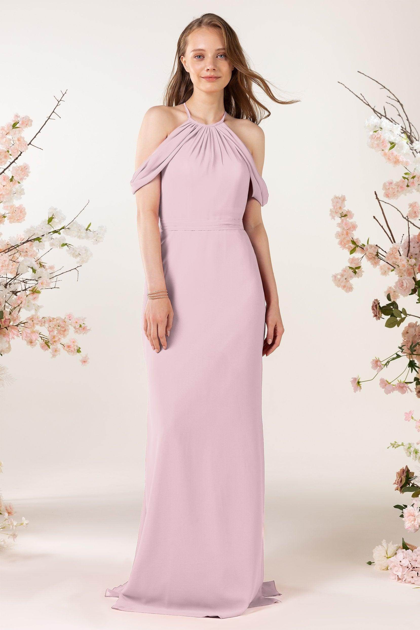 Sheath-Column Sweep Train Chiffon Bridesmaid Dress CB0463 - COCOMELODY