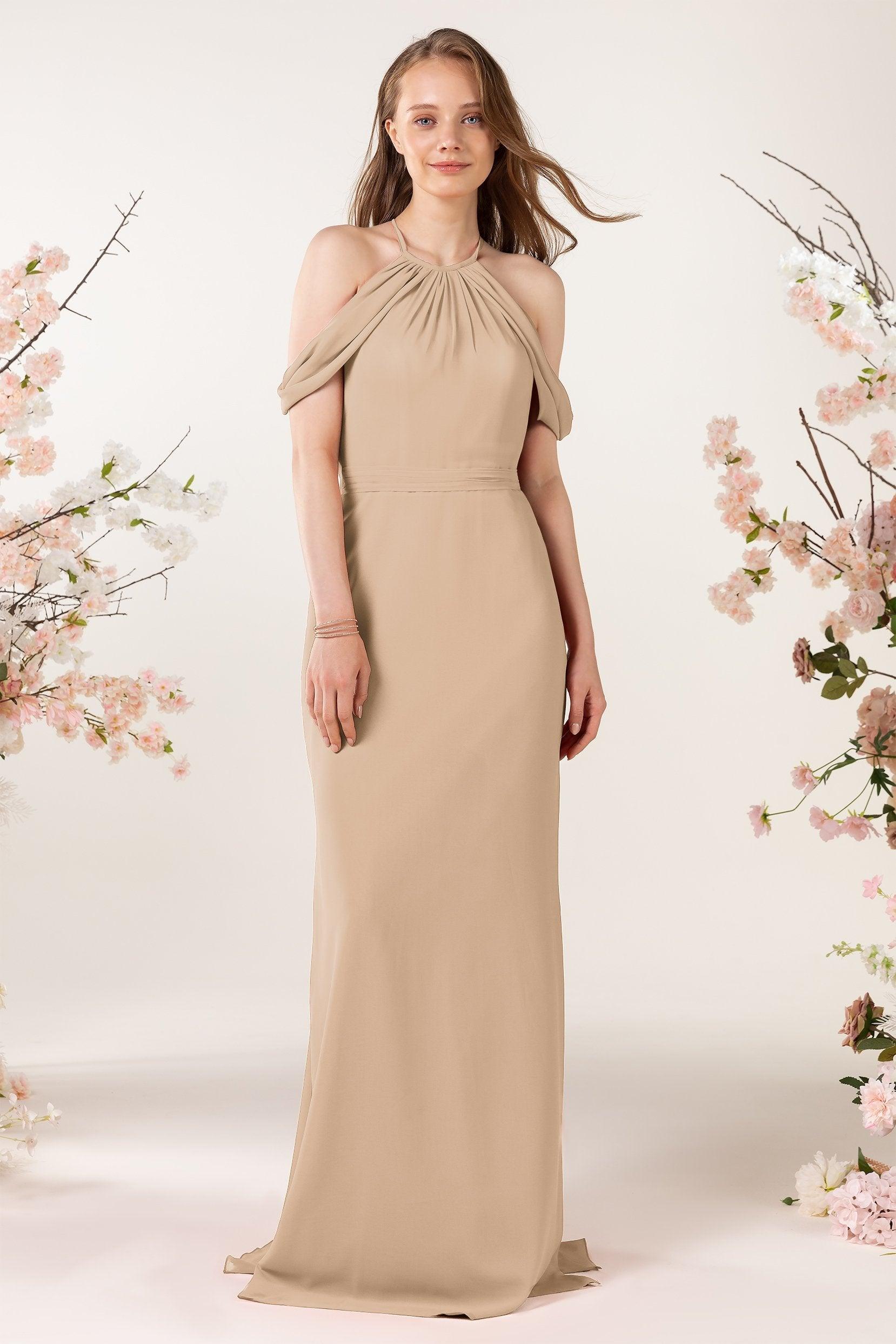Sheath-Column Sweep Train Chiffon Bridesmaid Dress CB0463 - COCOMELODY