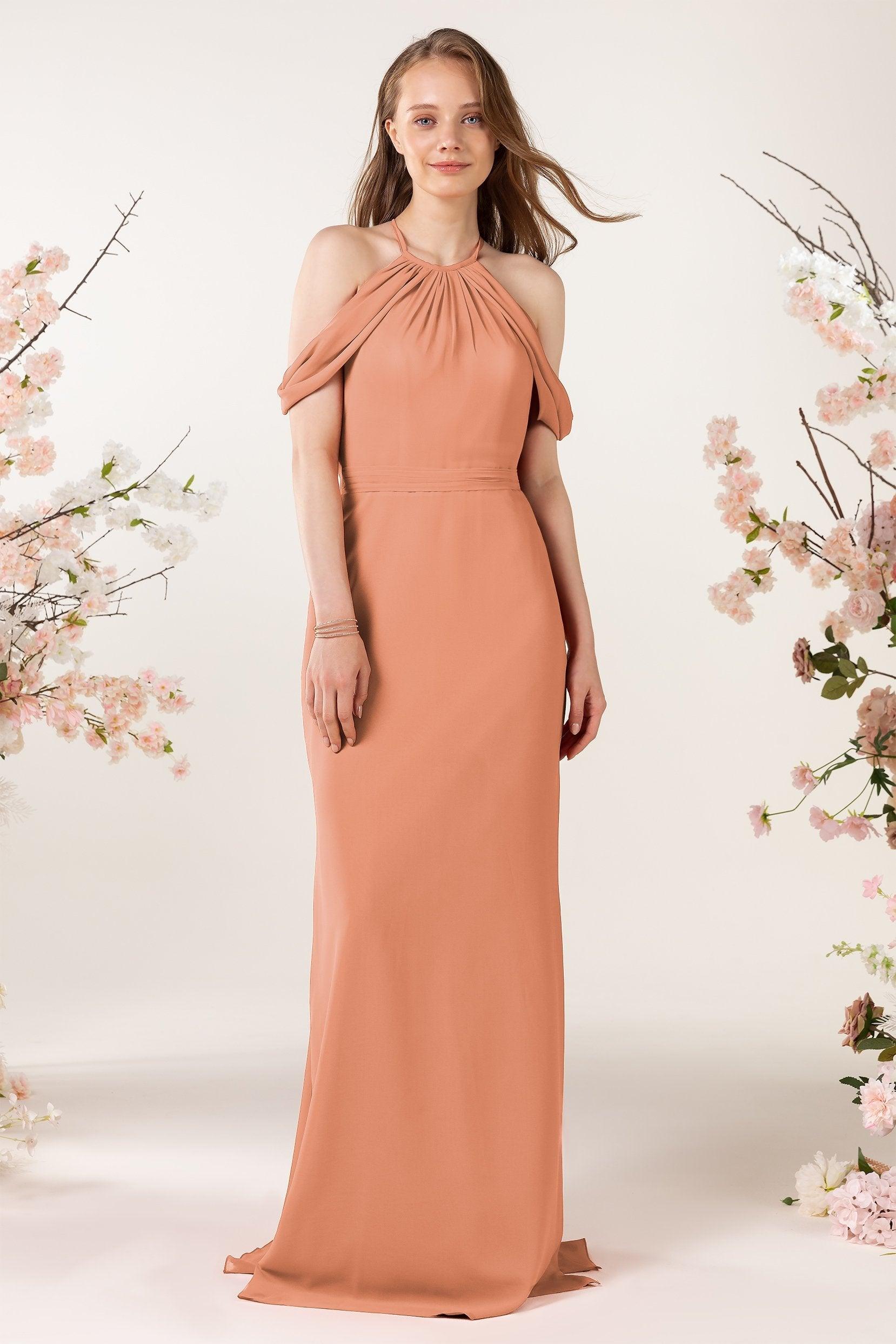 Sheath-Column Sweep Train Chiffon Bridesmaid Dress CB0463 - COCOMELODY