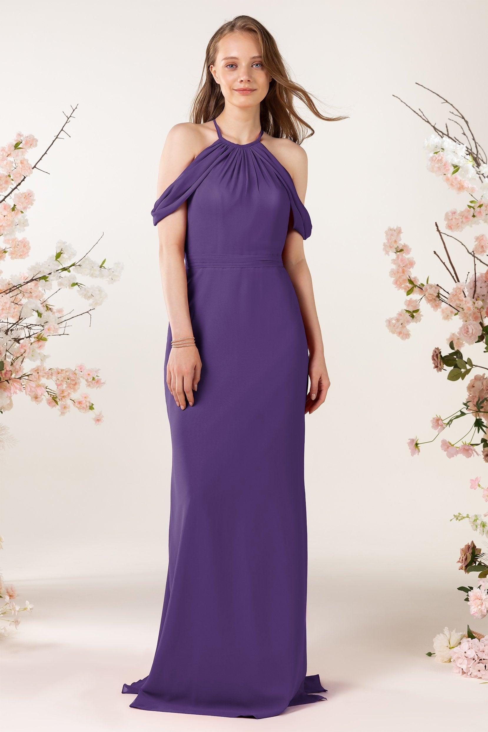 Sheath-Column Sweep Train Chiffon Bridesmaid Dress CB0463 - COCOMELODY