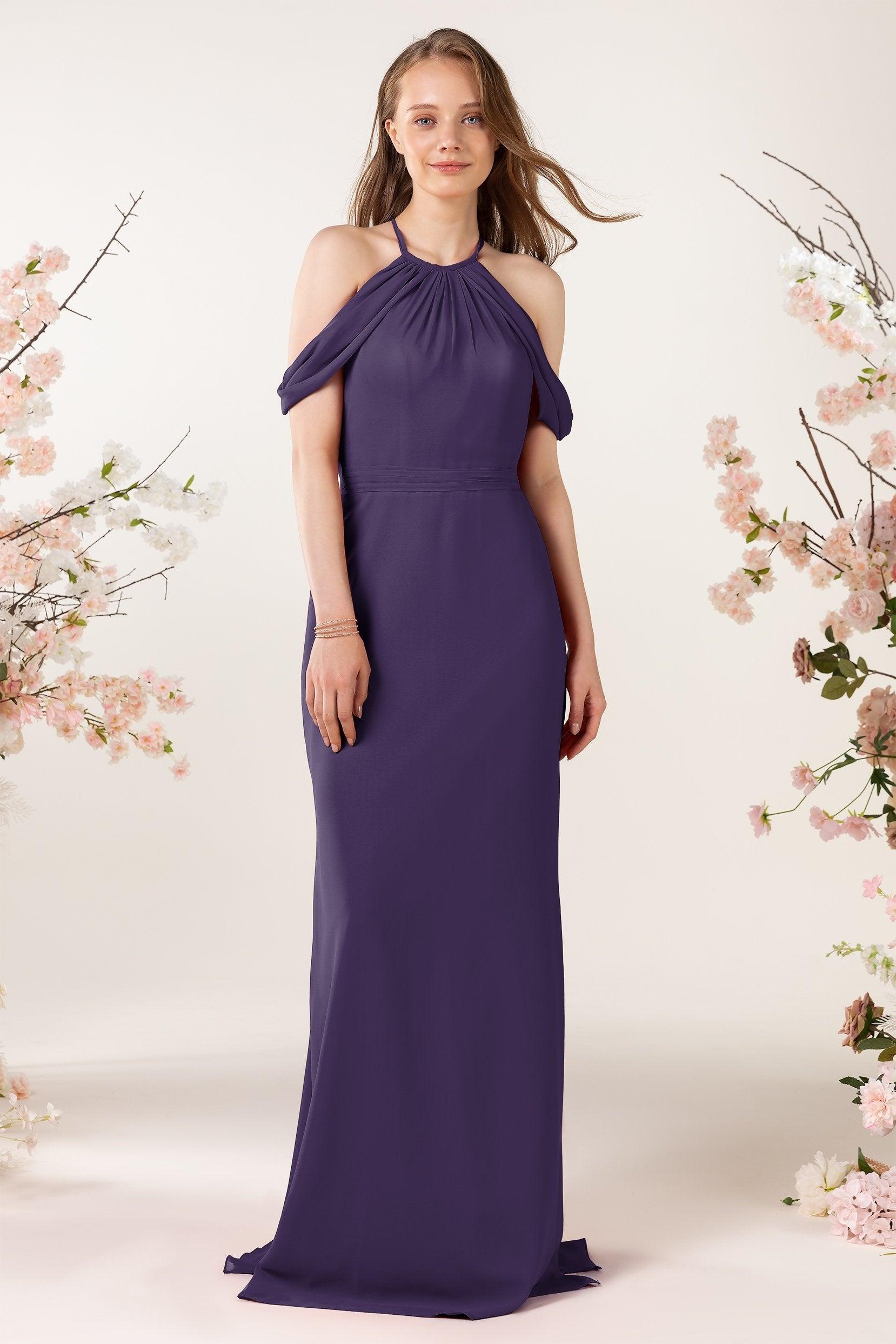 Sheath-Column Sweep Train Chiffon Bridesmaid Dress CB0463 - COCOMELODY