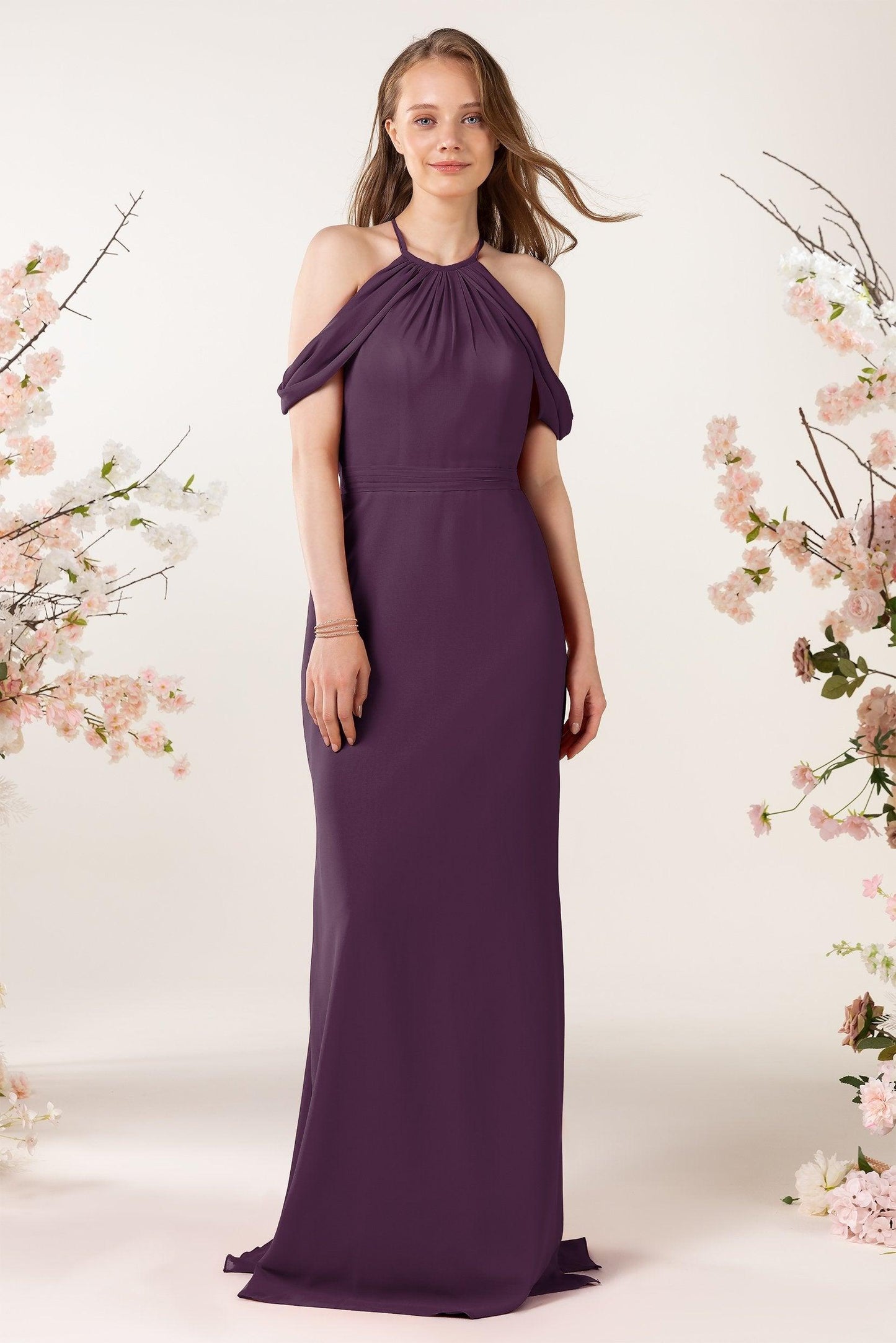 Sheath-Column Sweep Train Chiffon Bridesmaid Dress CB0463 - COCOMELODY