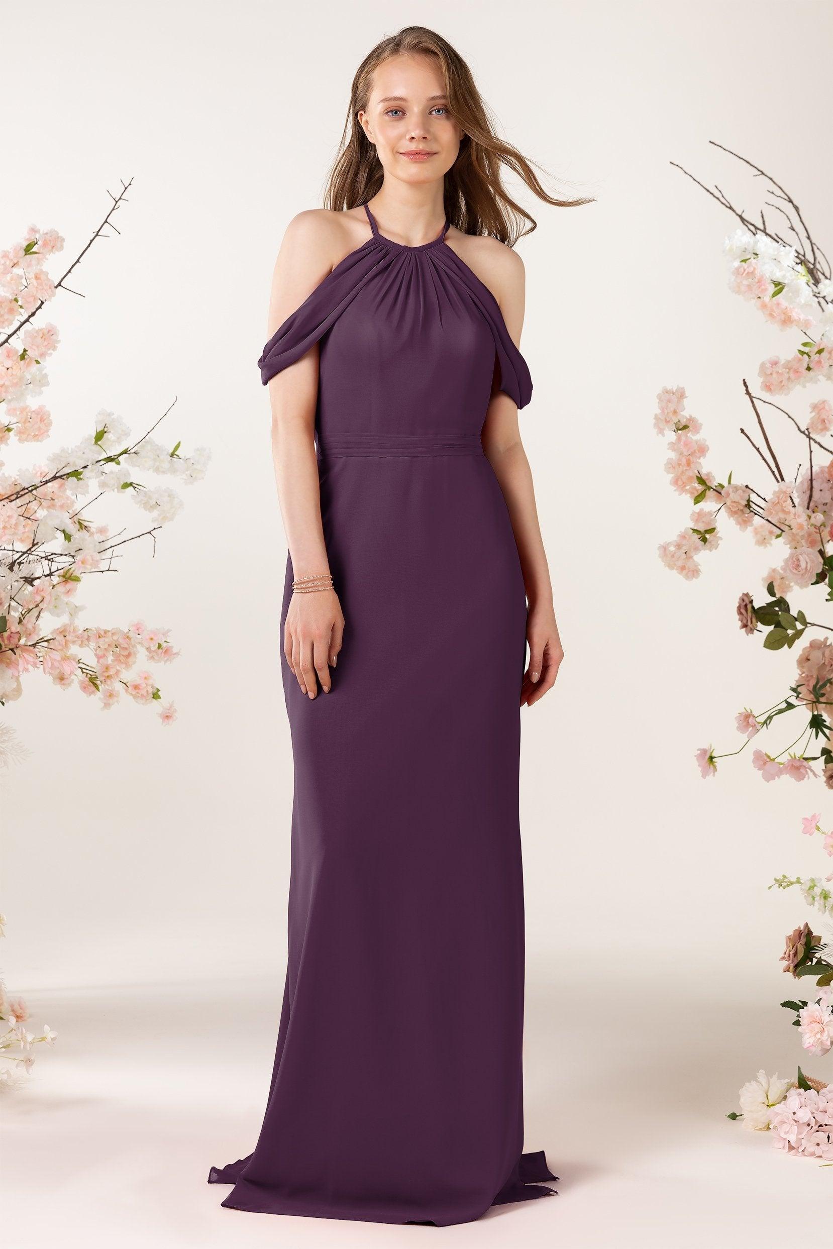 Sheath-Column Sweep Train Chiffon Bridesmaid Dress CB0463 - COCOMELODY
