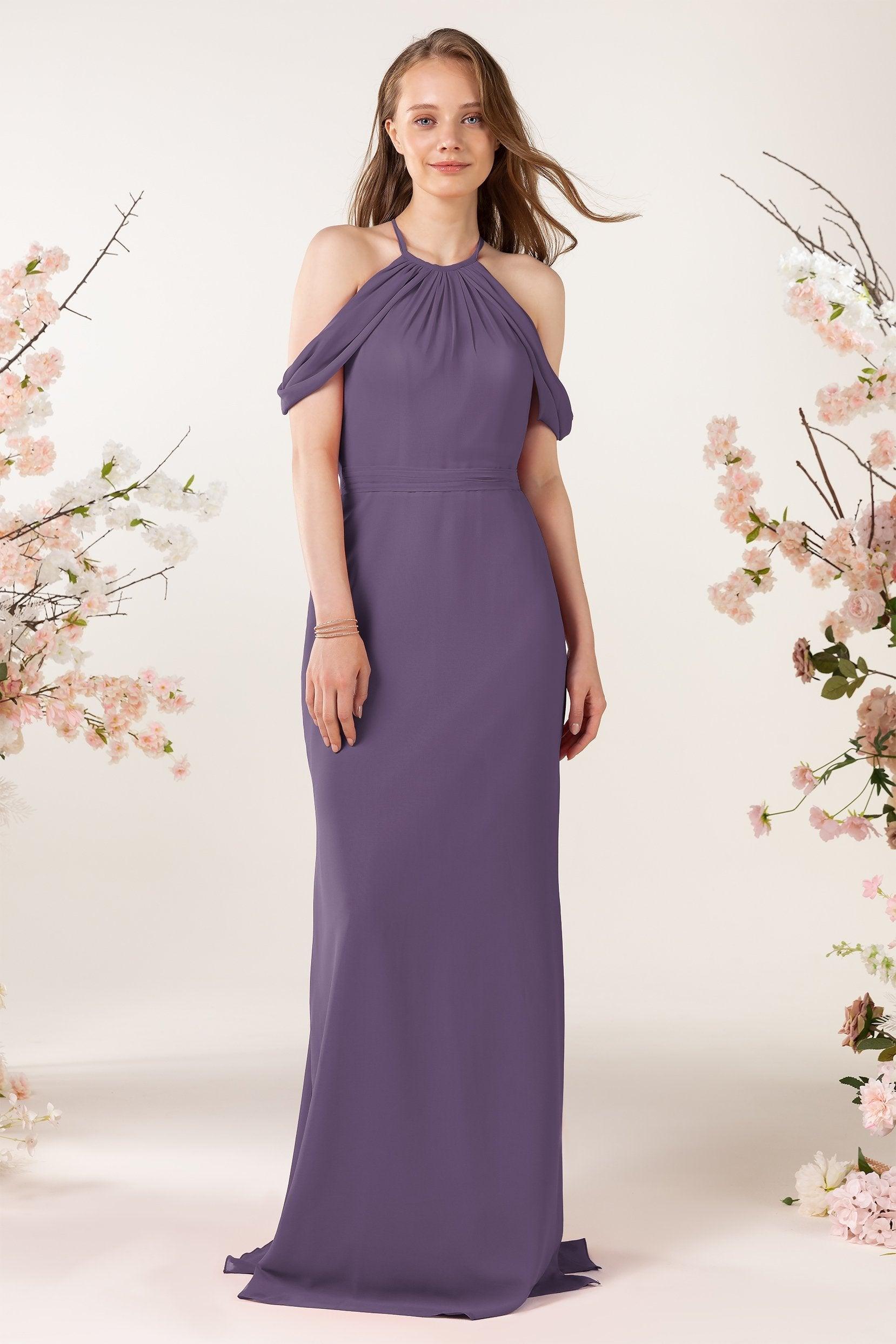 Sheath-Column Sweep Train Chiffon Bridesmaid Dress CB0463 - COCOMELODY