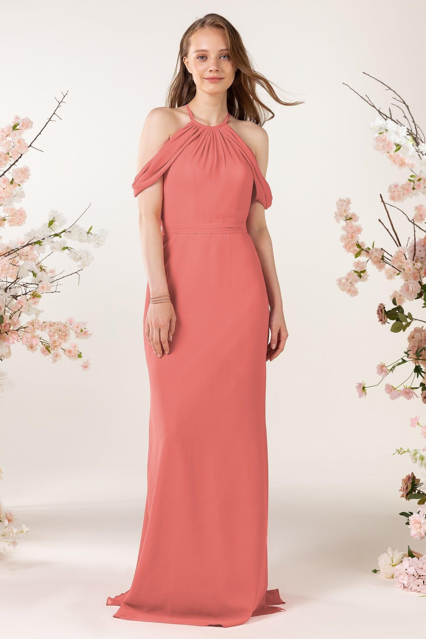 Sheath-Column Sweep Train Chiffon Bridesmaid Dress CB0463 - COCOMELODY