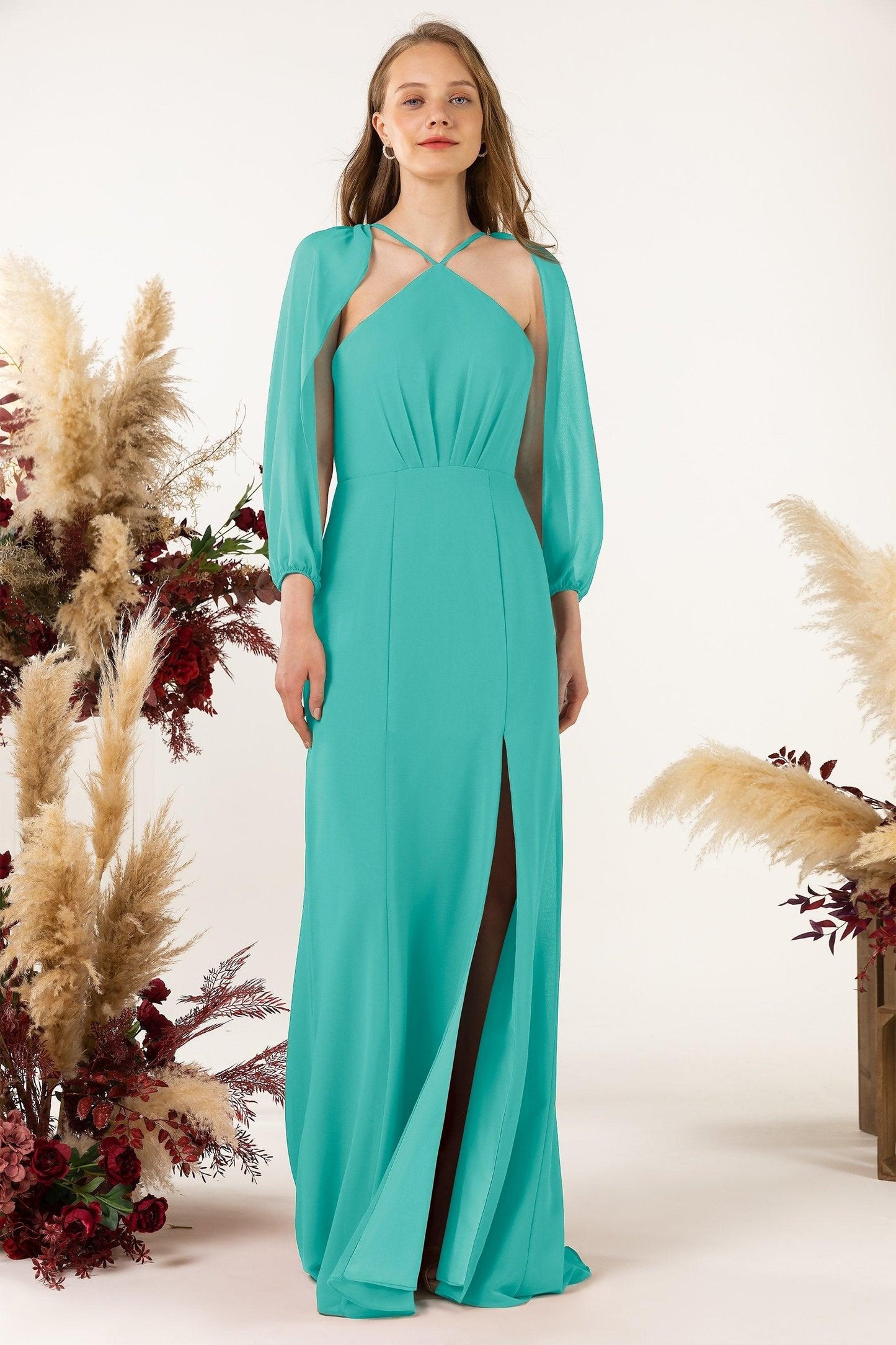 Sheath Sweep-Brush Train Chiffon Bridesmaid Dress CB0469 - COCOMELODY