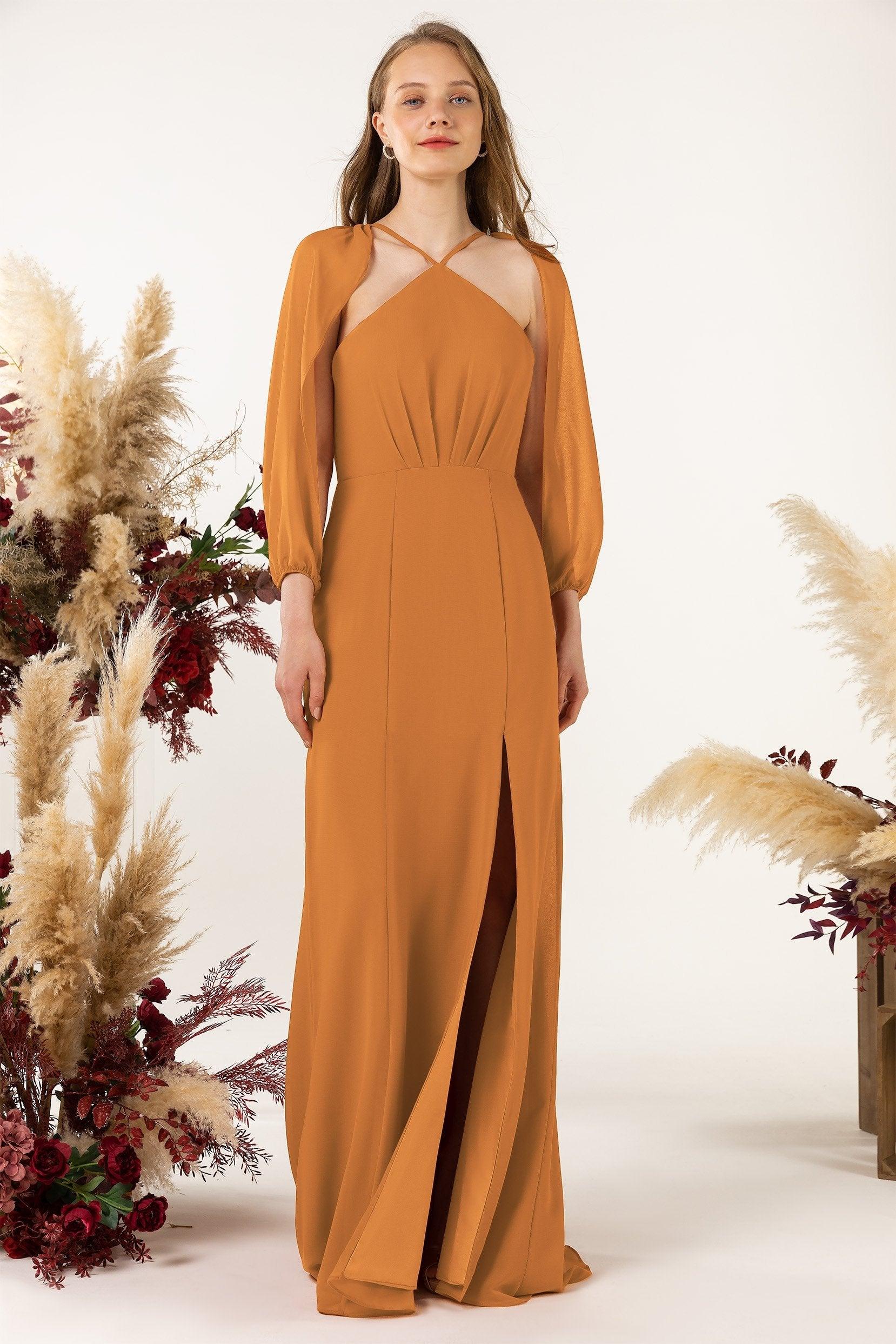 Sheath Sweep-Brush Train Chiffon Bridesmaid Dress CB0469 - COCOMELODY