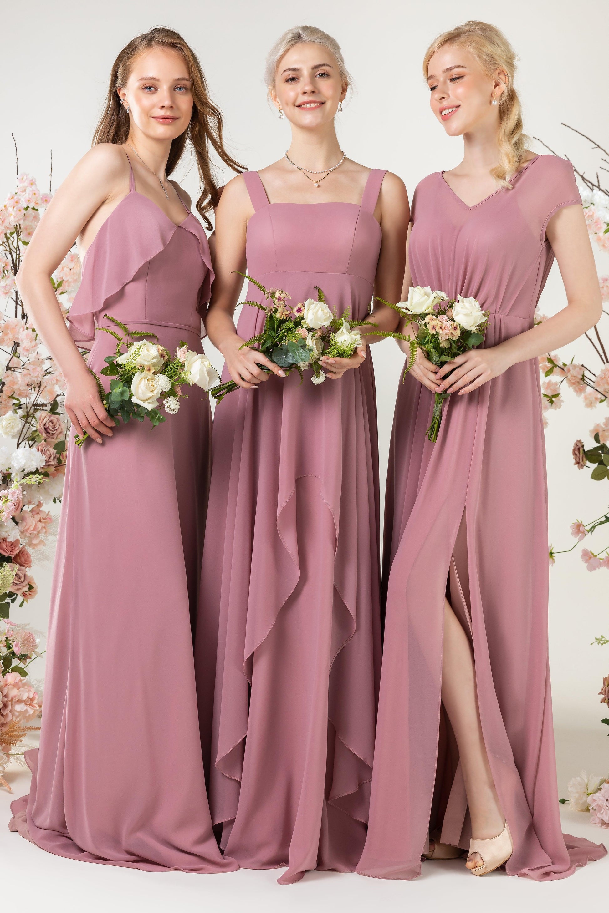 A-Line Sweep-Brush Train Chiffon Bridesmaid Dress CB0473 - COCOMELODY
