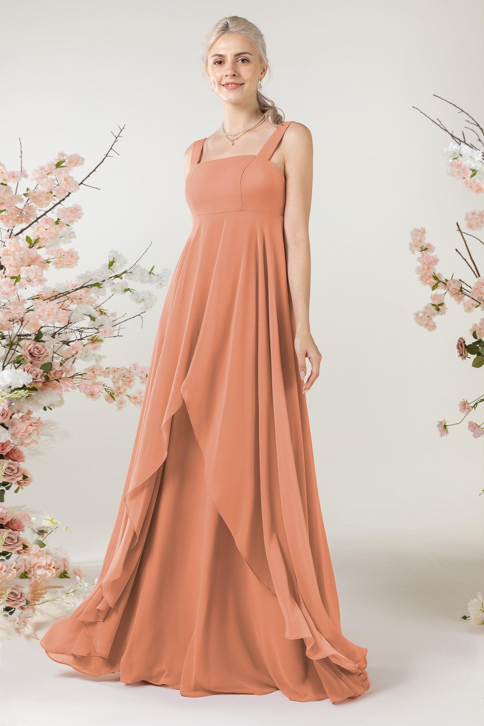 A-Line Sweep-Brush Train Chiffon Bridesmaid Dress CB0473 - COCOMELODY