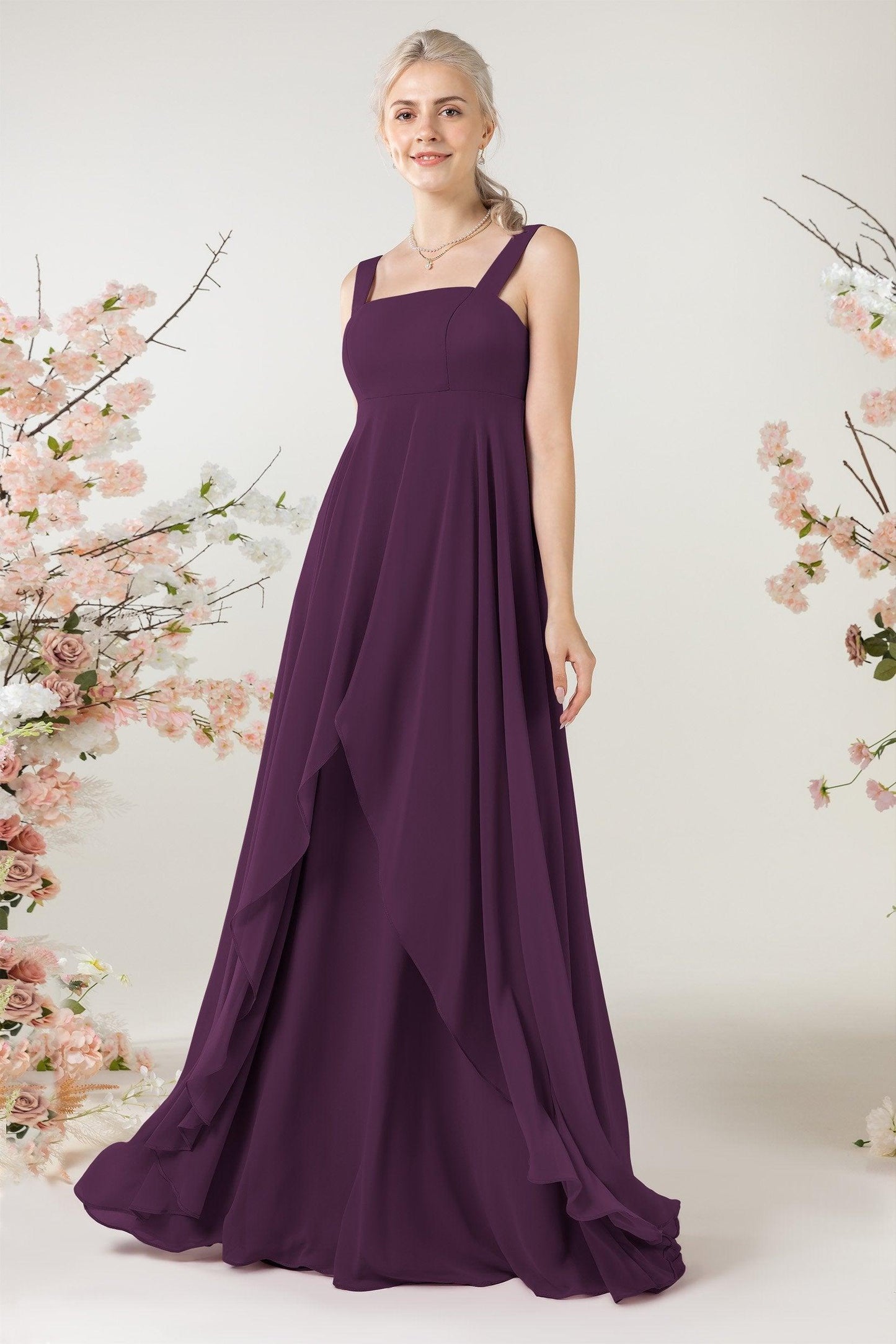 A-Line Sweep-Brush Train Chiffon Bridesmaid Dress CB0473 - COCOMELODY