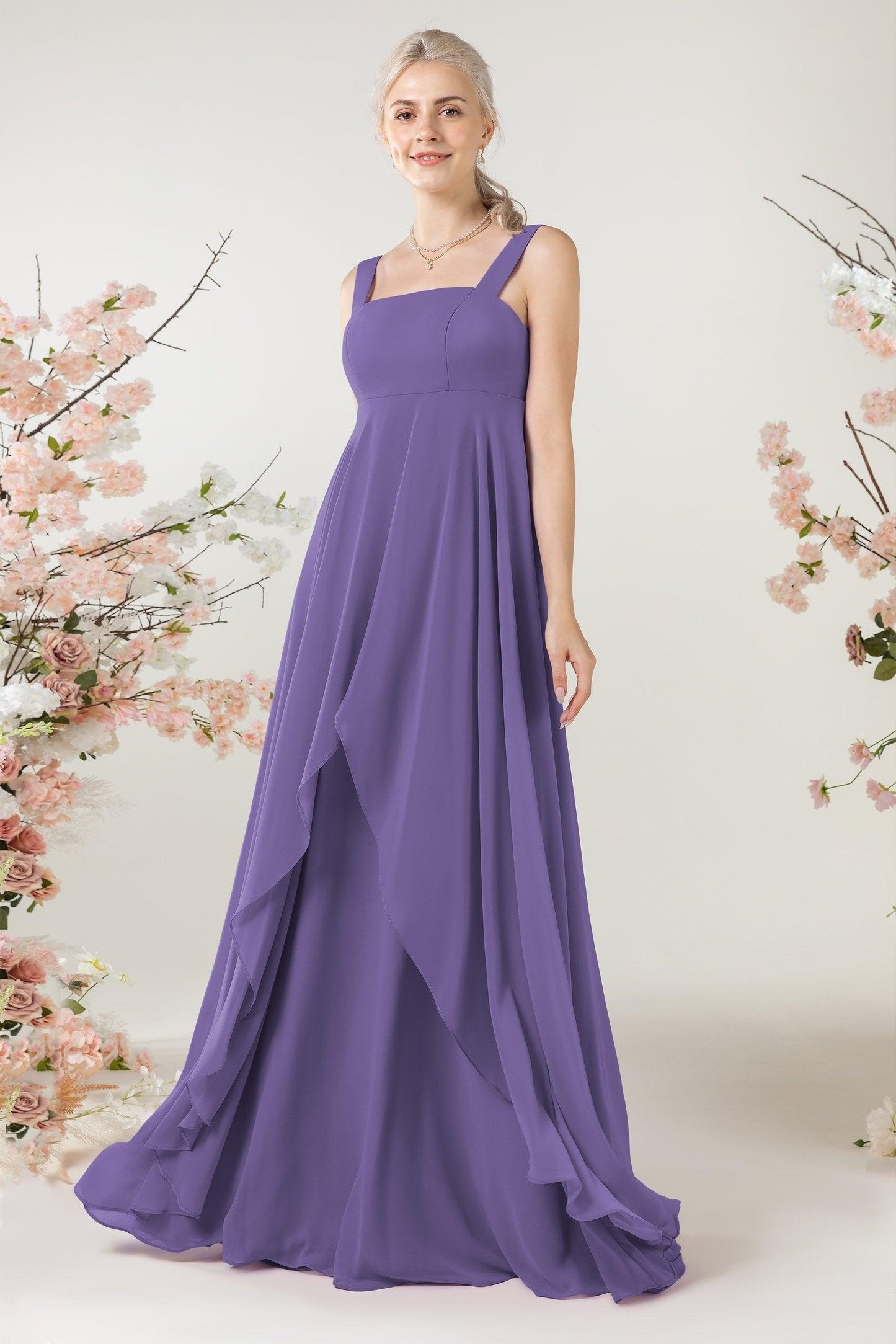 A-Line Sweep-Brush Train Chiffon Bridesmaid Dress CB0473 - COCOMELODY