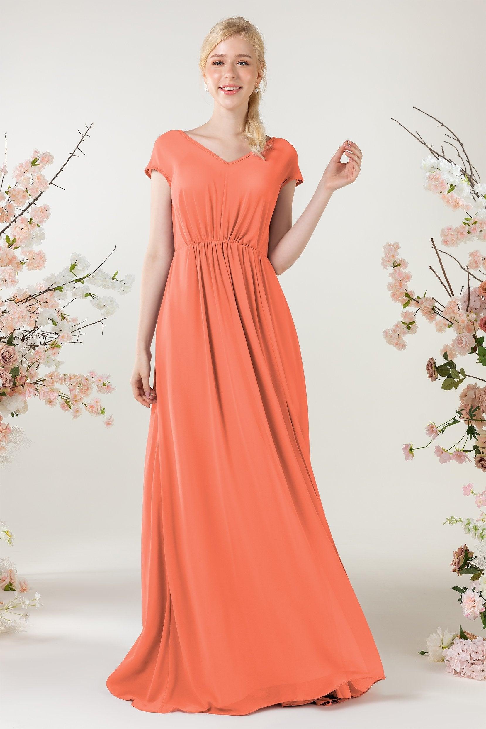 A-Line Sweep-Brush Train Chiffon Bridesmaid Dress CB0474 - COCOMELODY