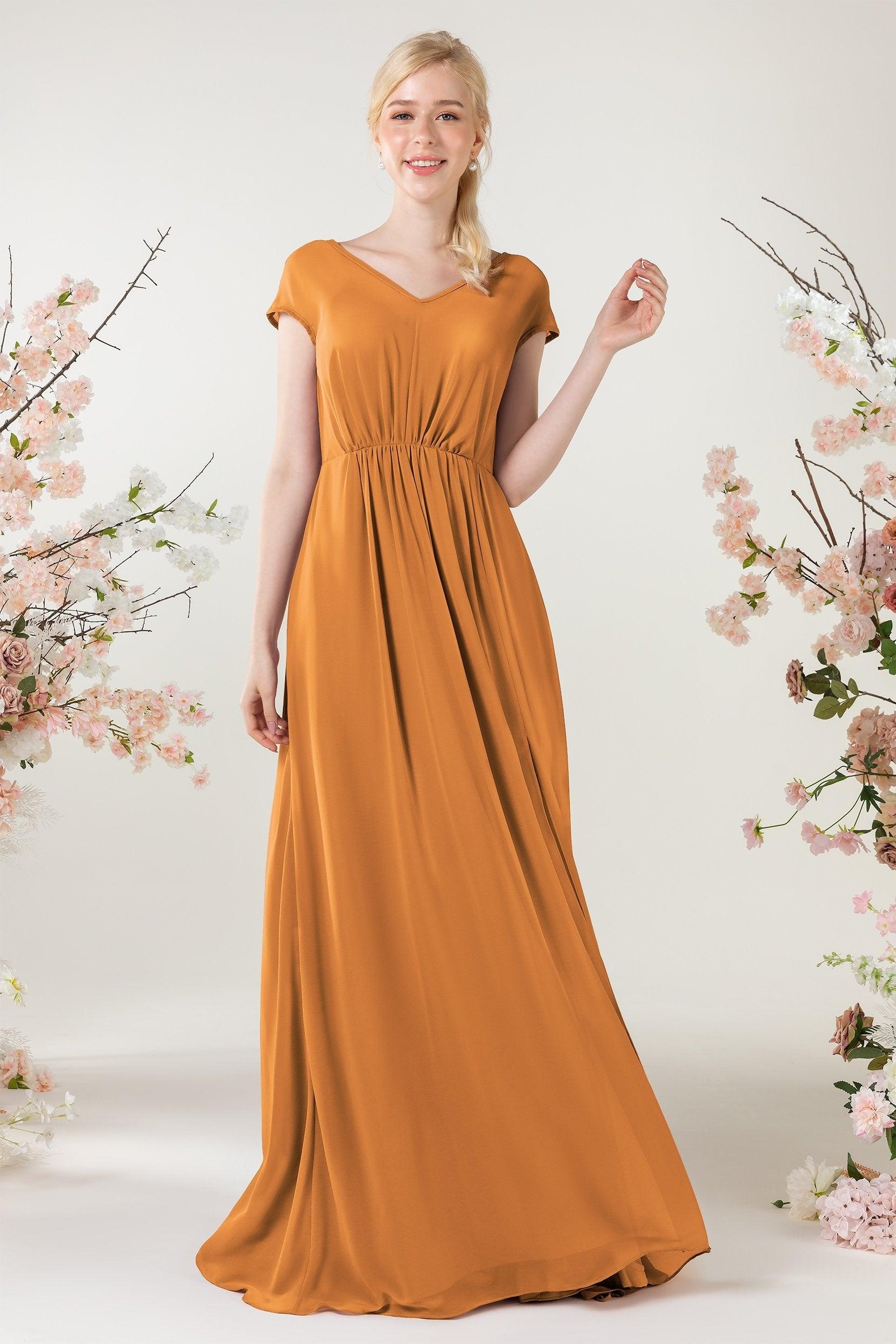 A-Line Sweep-Brush Train Chiffon Bridesmaid Dress CB0474 - COCOMELODY