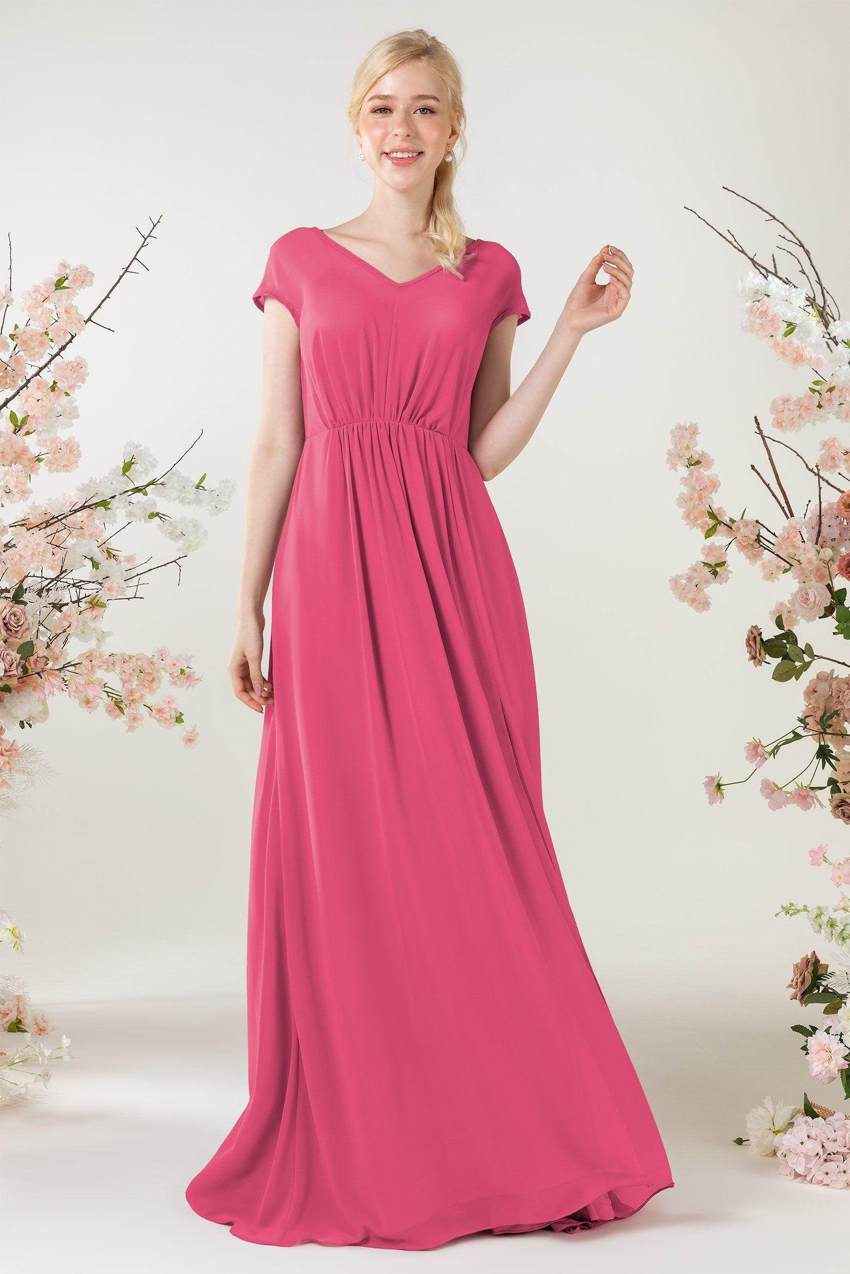 A-Line Sweep-Brush Train Chiffon Bridesmaid Dress CB0474 - COCOMELODY