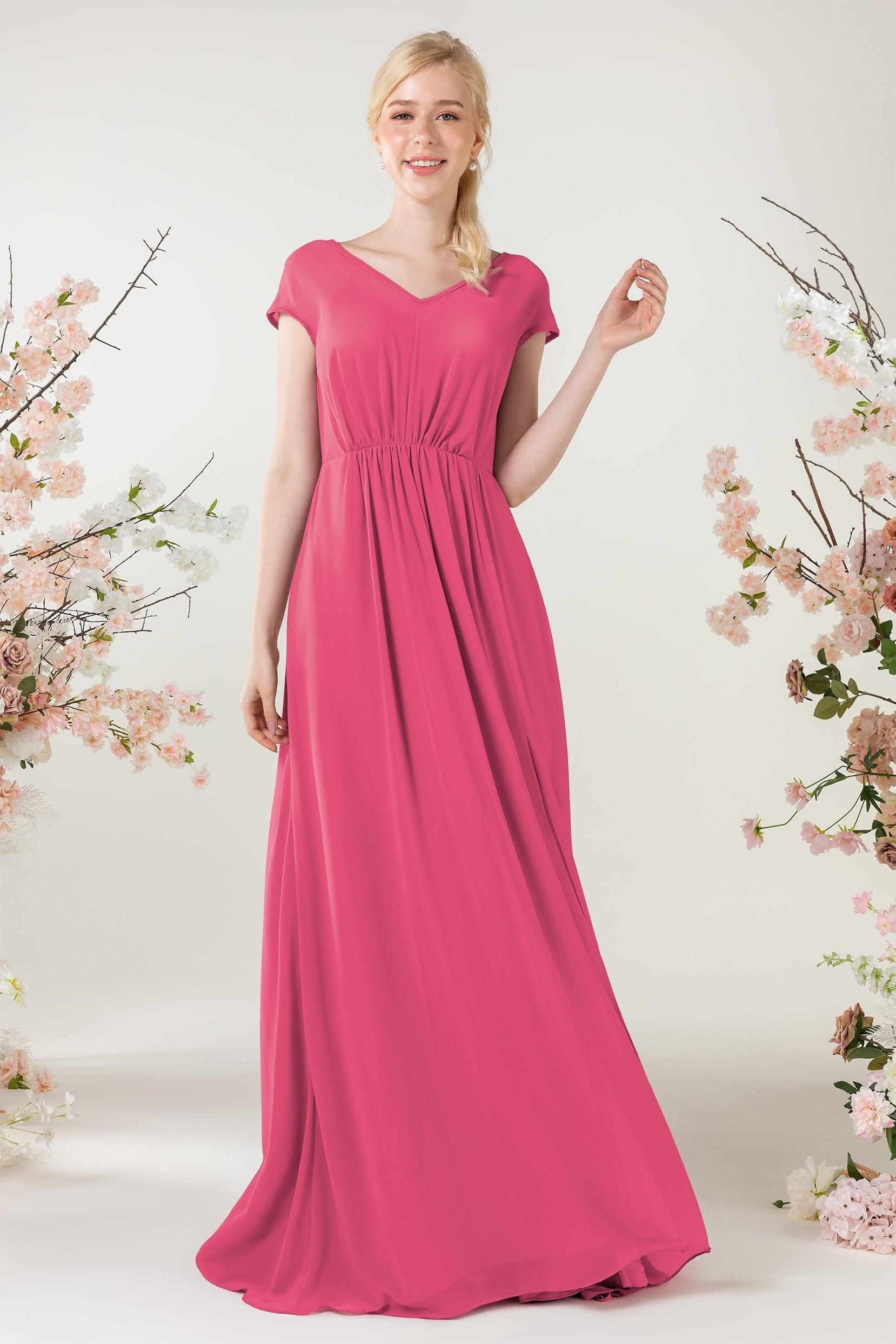 A-Line Sweep-Brush Train Chiffon Bridesmaid Dress CB0474 - COCOMELODY
