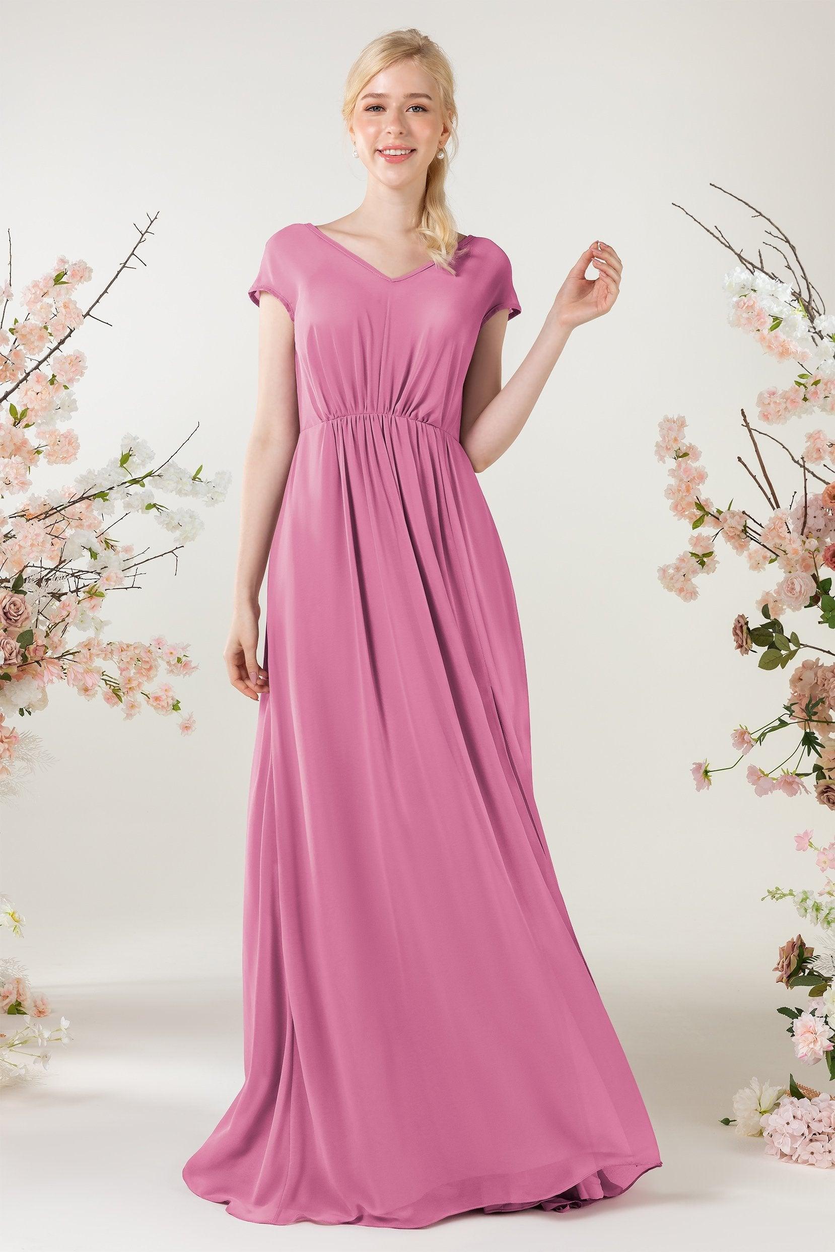 A-Line Sweep-Brush Train Chiffon Bridesmaid Dress CB0474 - COCOMELODY