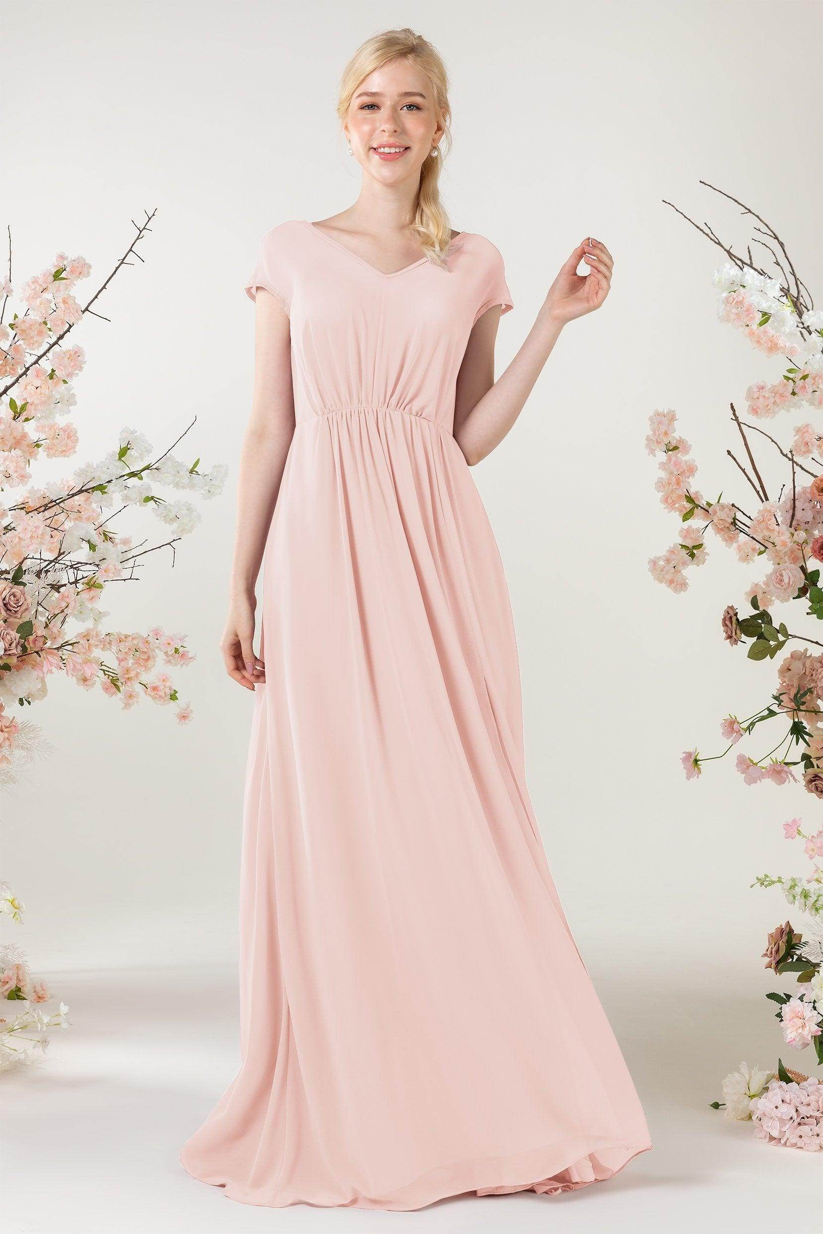 A-Line Sweep-Brush Train Chiffon Bridesmaid Dress CB0474 - COCOMELODY