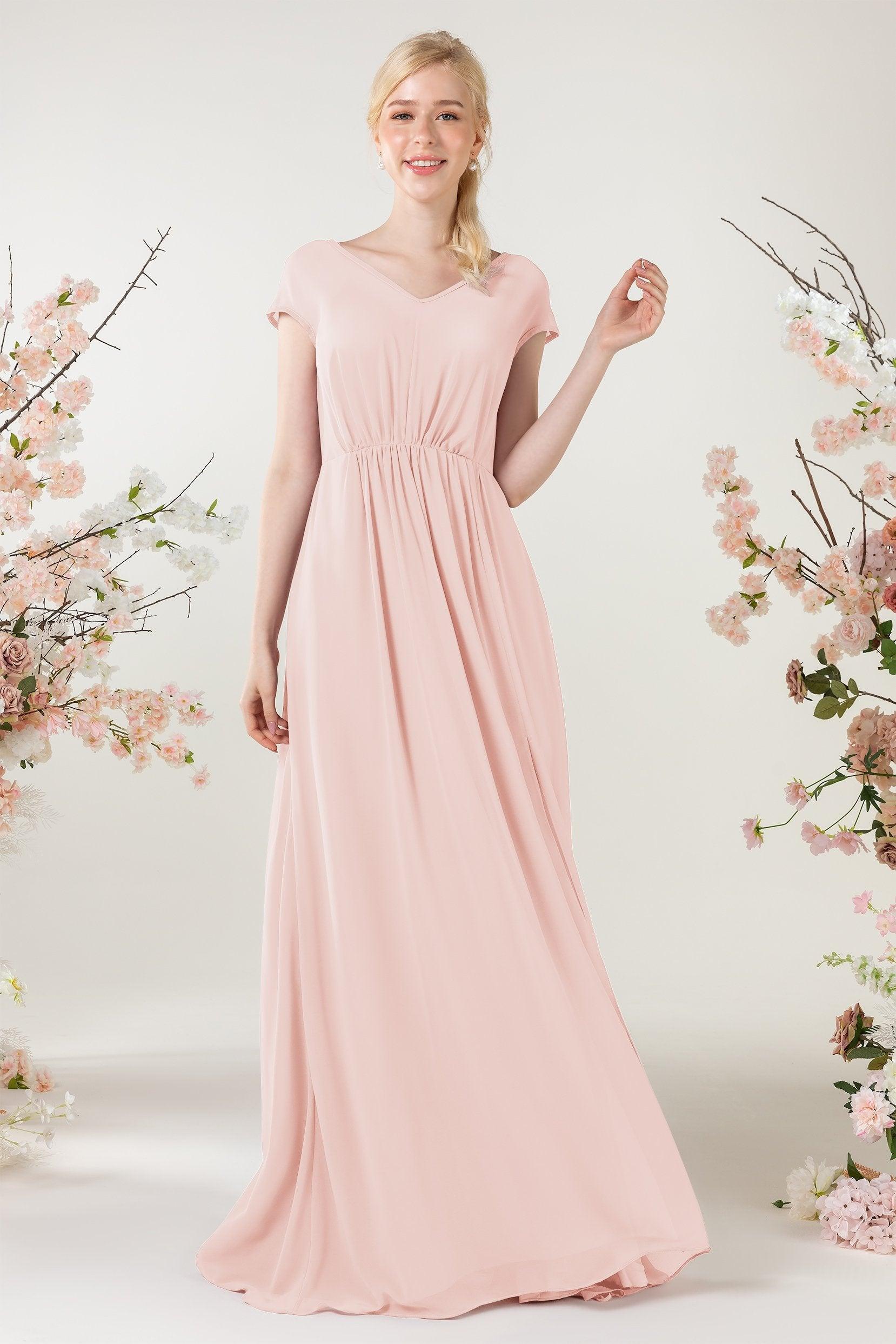 A-Line Sweep-Brush Train Chiffon Bridesmaid Dress CB0474 - COCOMELODY
