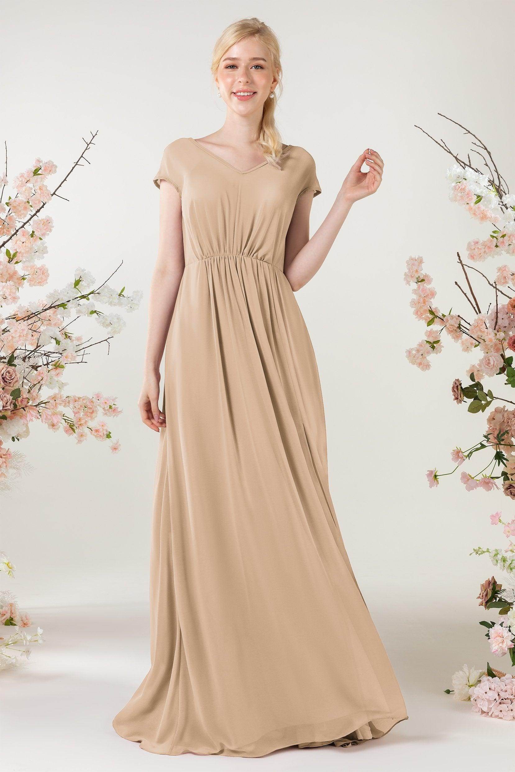 A-Line Sweep-Brush Train Chiffon Bridesmaid Dress CB0474 - COCOMELODY
