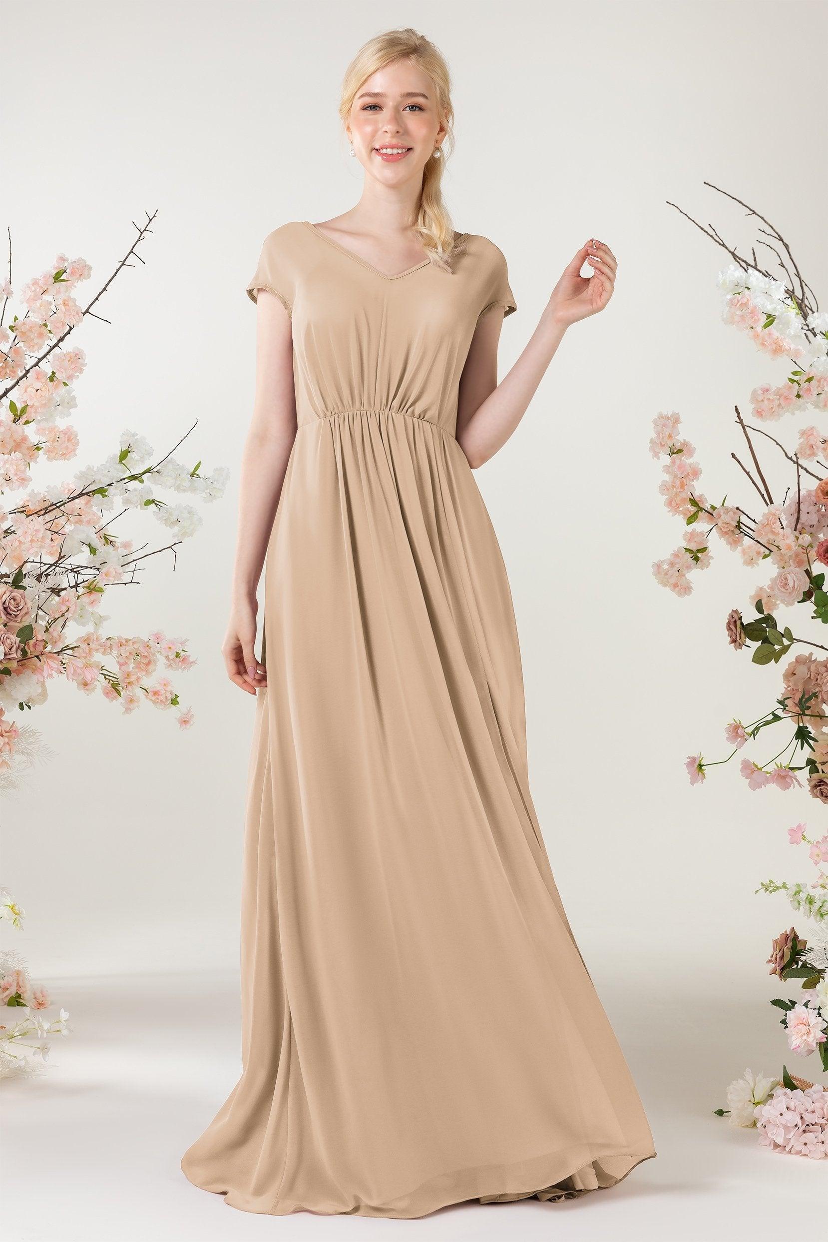 A-Line Sweep-Brush Train Chiffon Bridesmaid Dress CB0474 - COCOMELODY
