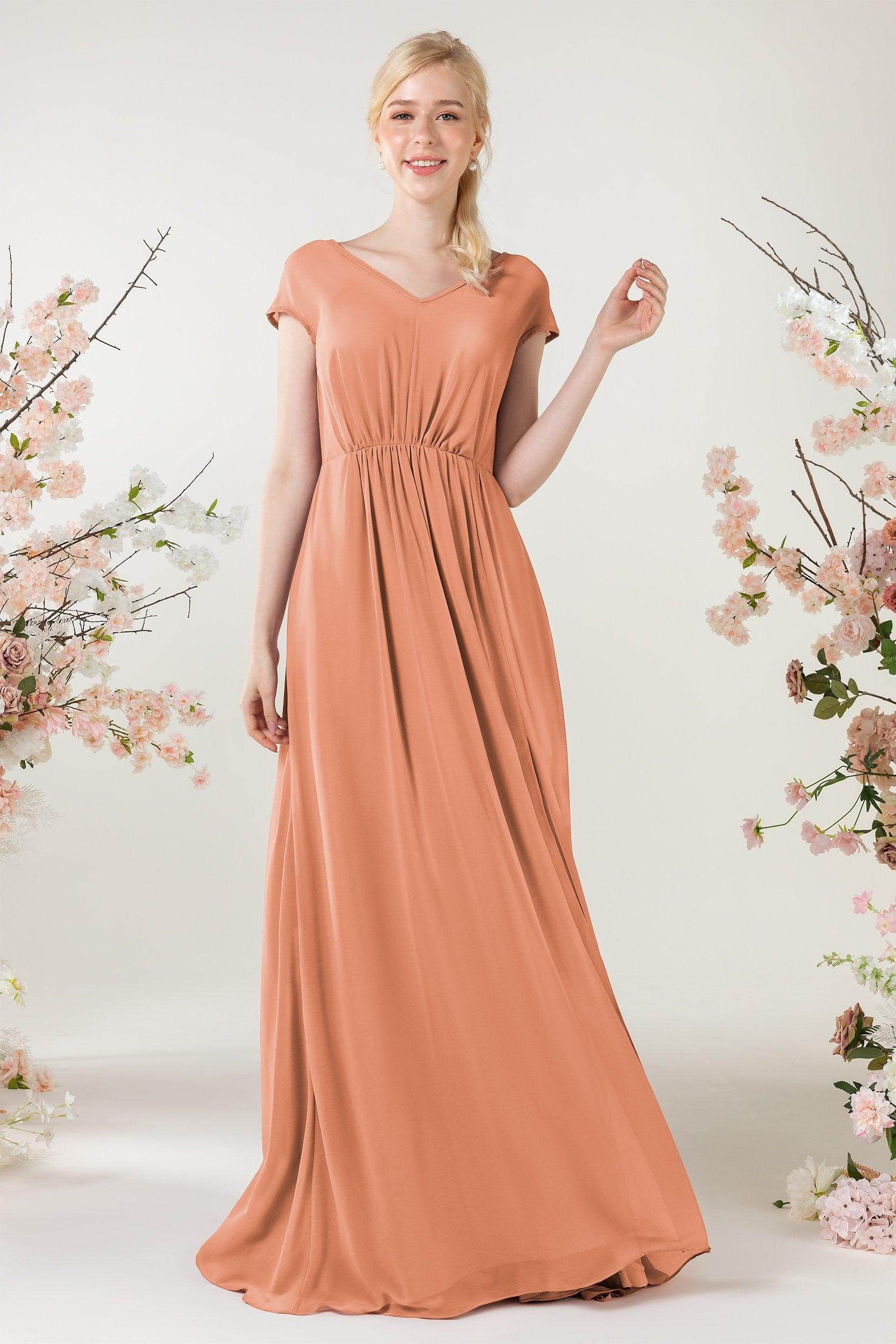 A-Line Sweep-Brush Train Chiffon Bridesmaid Dress CB0474 - COCOMELODY