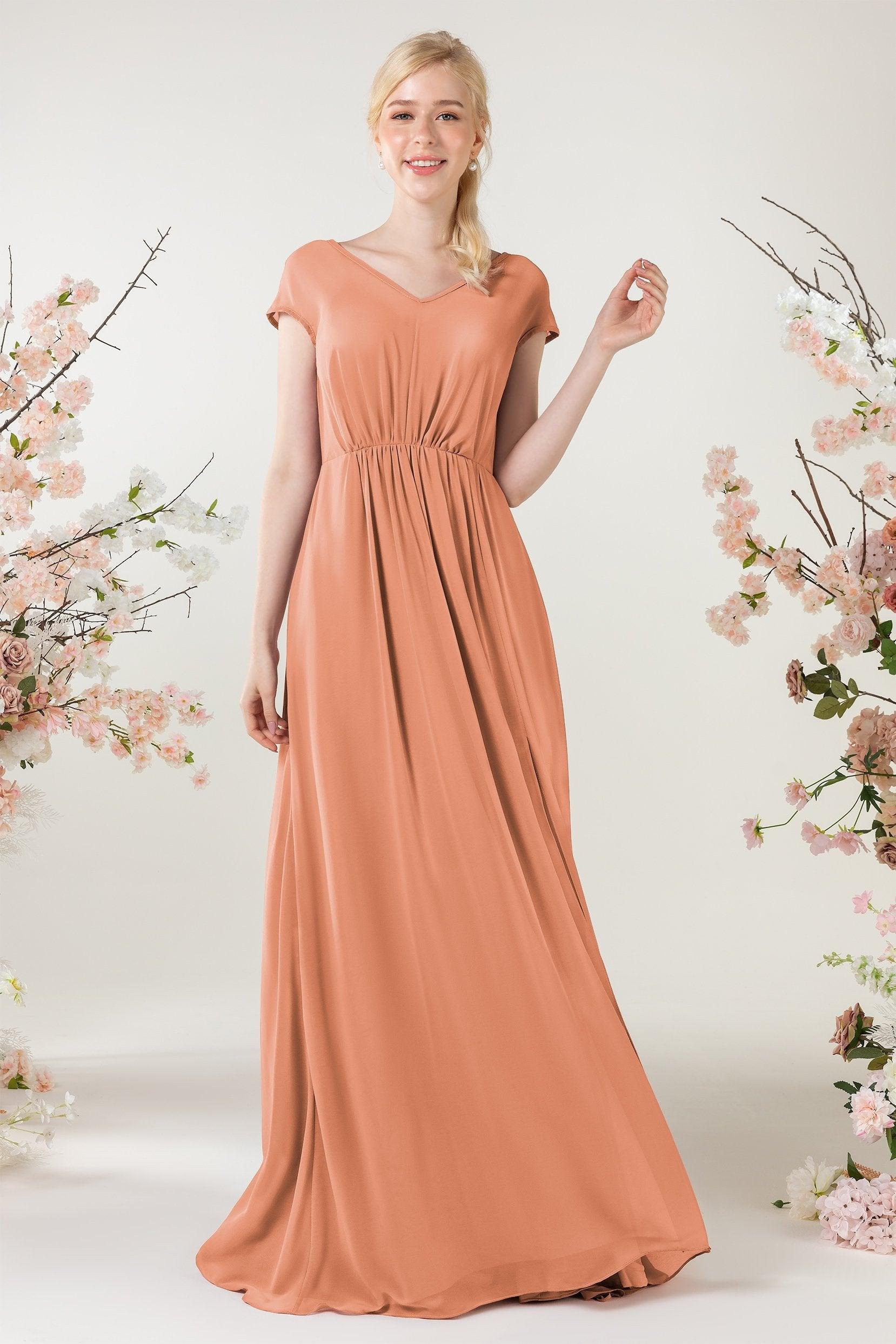 A-Line Sweep-Brush Train Chiffon Bridesmaid Dress CB0474 - COCOMELODY