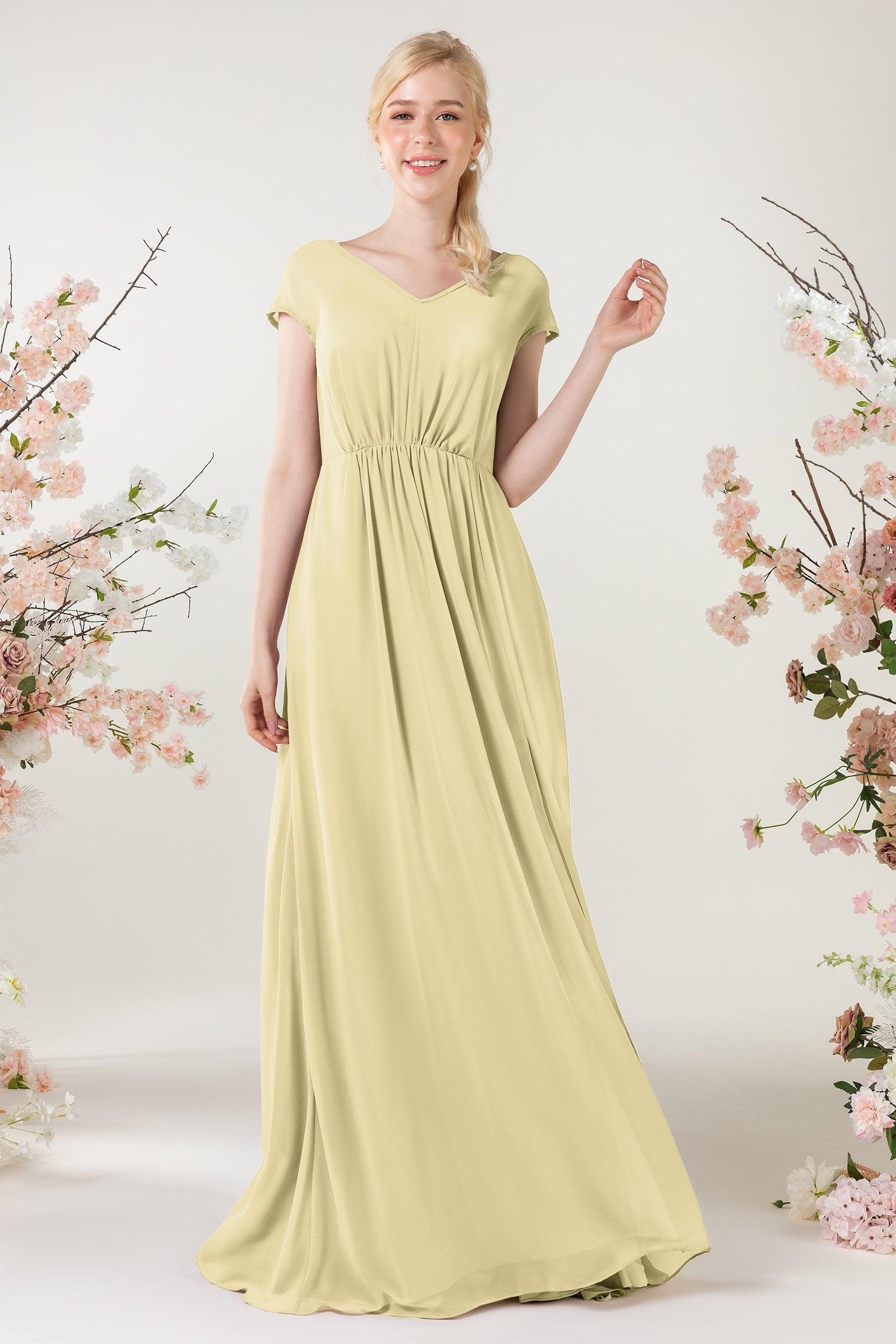 A-Line Sweep-Brush Train Chiffon Bridesmaid Dress CB0474 - COCOMELODY