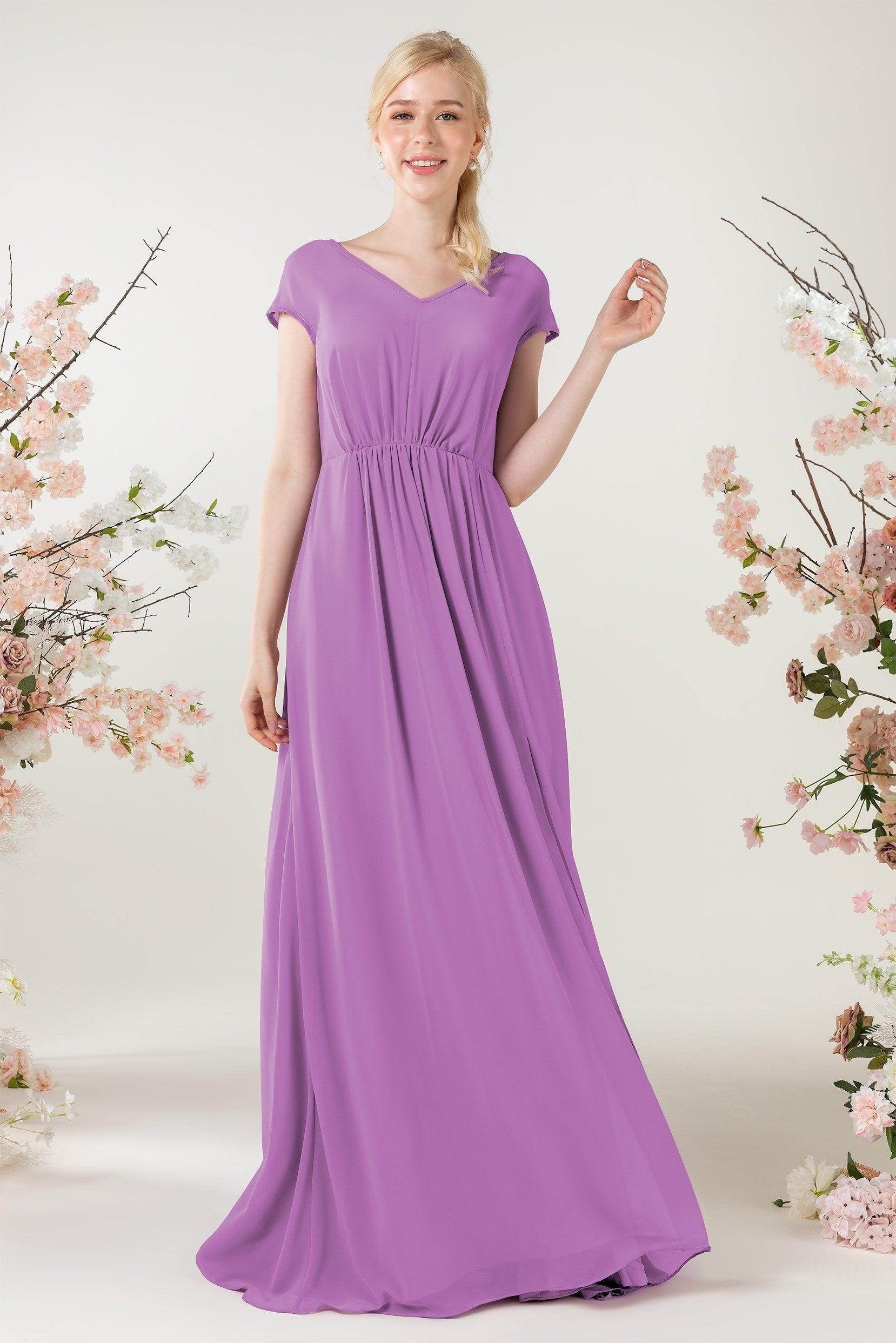 A-Line Sweep-Brush Train Chiffon Bridesmaid Dress CB0474 - COCOMELODY