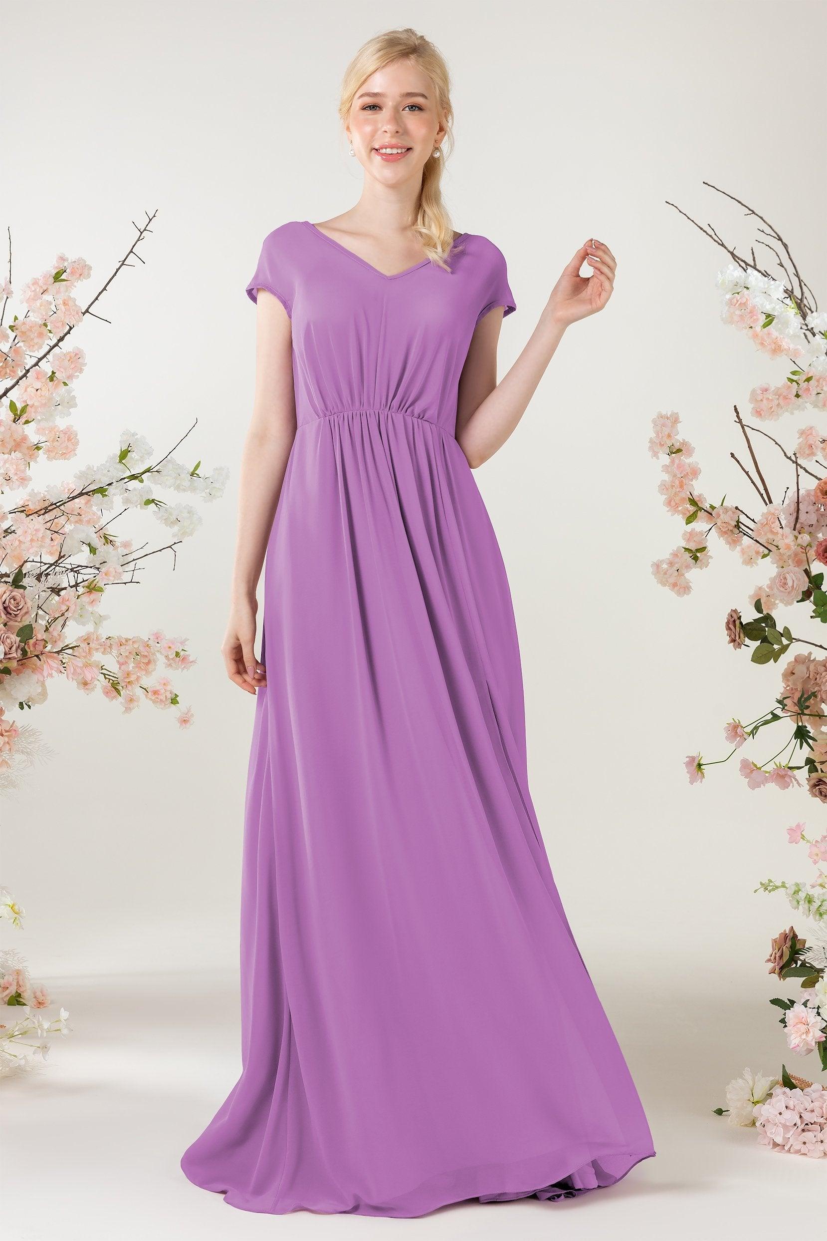 A-Line Sweep-Brush Train Chiffon Bridesmaid Dress CB0474 - COCOMELODY