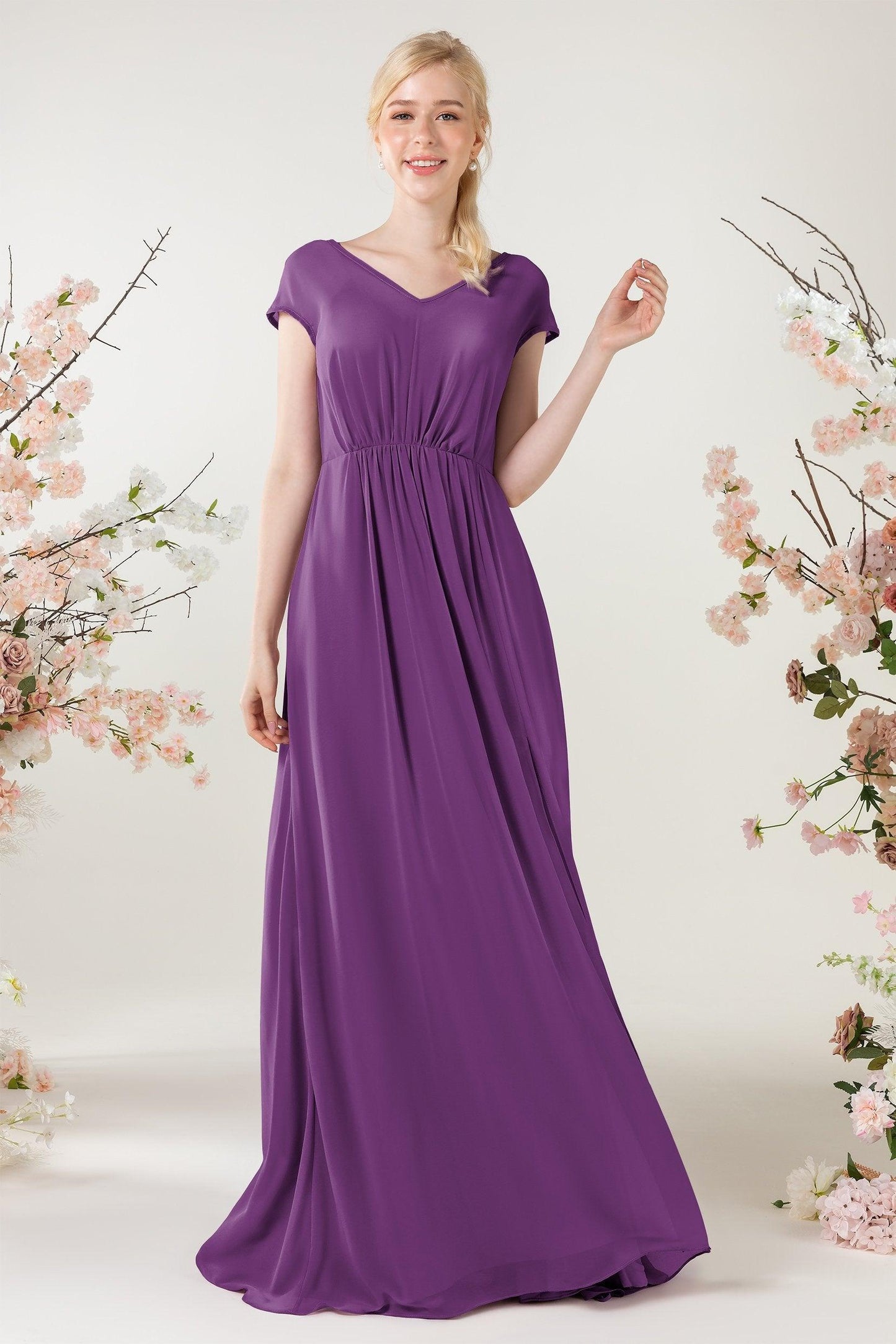 A-Line Sweep-Brush Train Chiffon Bridesmaid Dress CB0474 - COCOMELODY