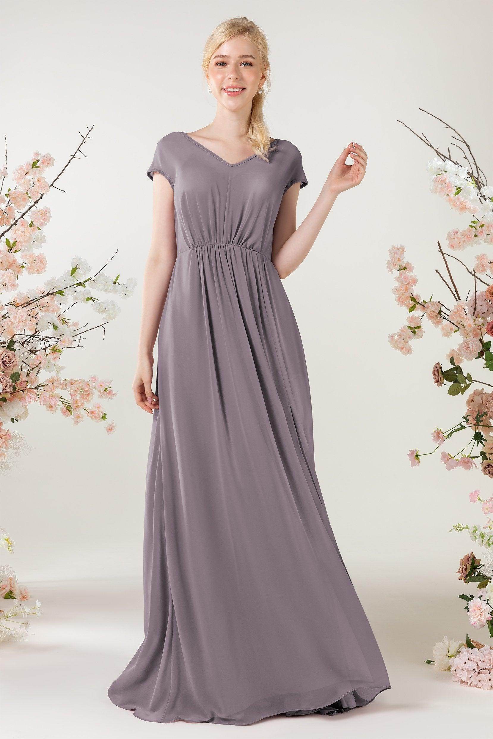A-Line Sweep-Brush Train Chiffon Bridesmaid Dress CB0474 - COCOMELODY