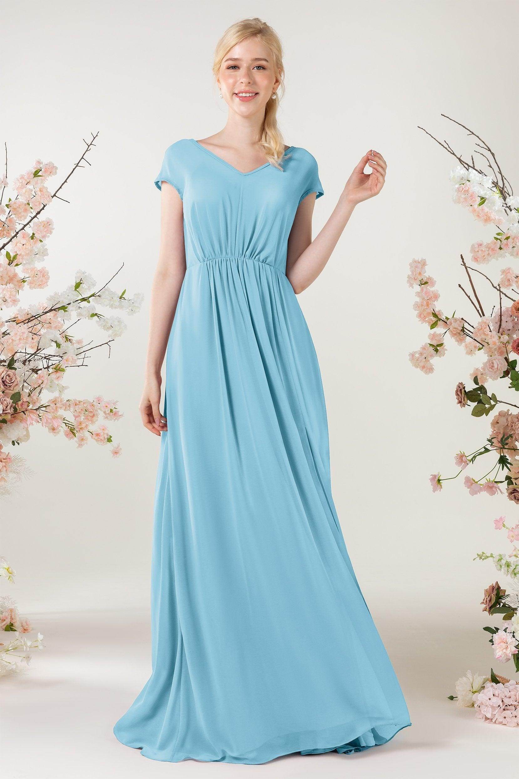 A-Line Sweep-Brush Train Chiffon Bridesmaid Dress CB0474 - COCOMELODY