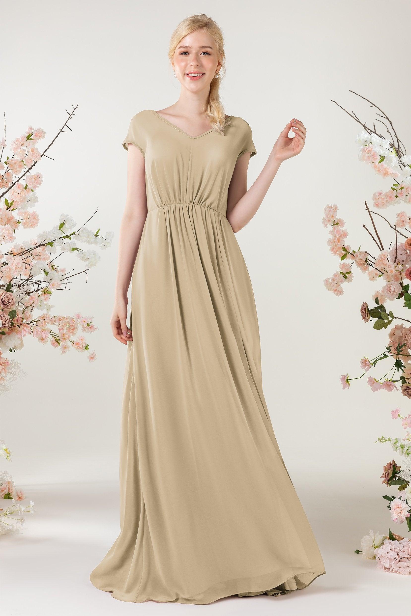 A-Line Sweep-Brush Train Chiffon Bridesmaid Dress CB0474 - COCOMELODY