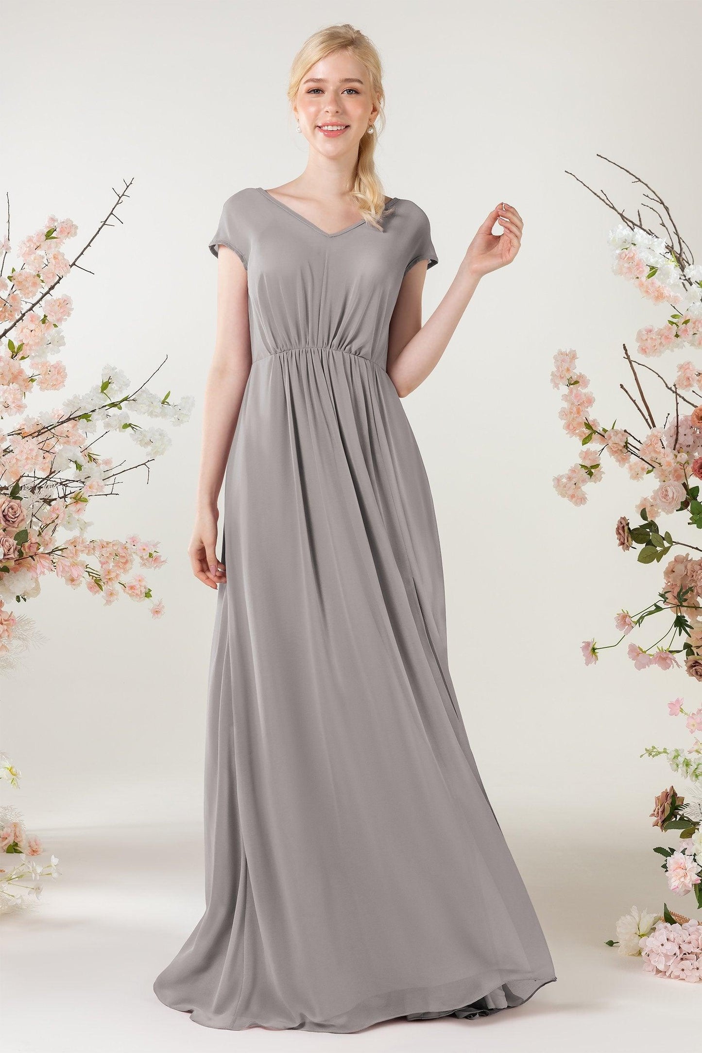 A-Line Sweep-Brush Train Chiffon Bridesmaid Dress CB0474 - COCOMELODY