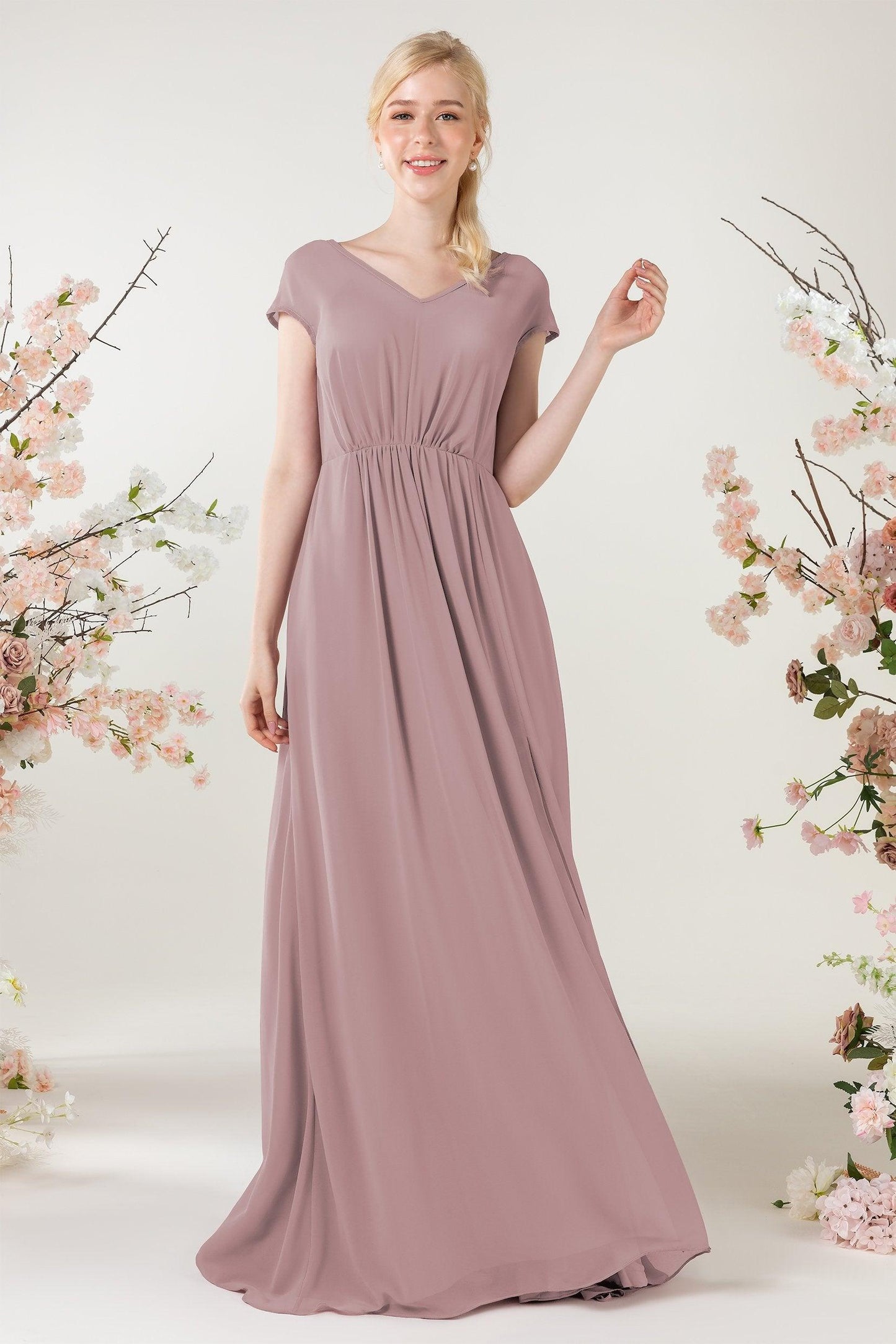 A-Line Sweep-Brush Train Chiffon Bridesmaid Dress CB0474 - COCOMELODY