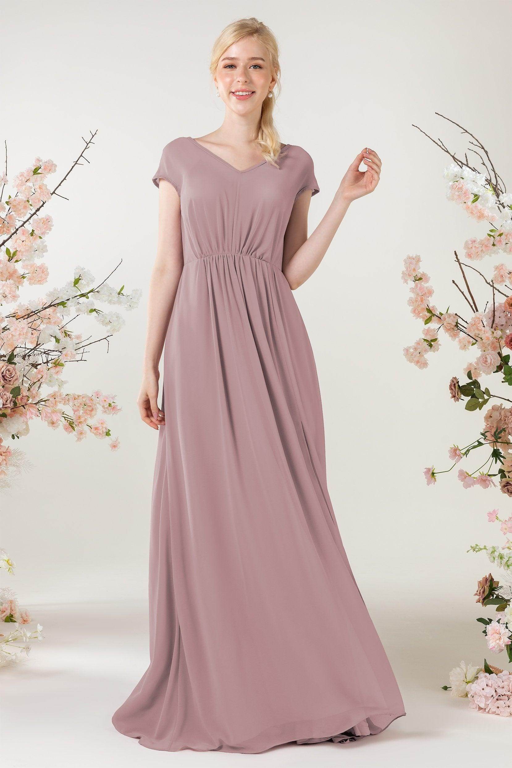 A-Line Sweep-Brush Train Chiffon Bridesmaid Dress CB0474 - COCOMELODY
