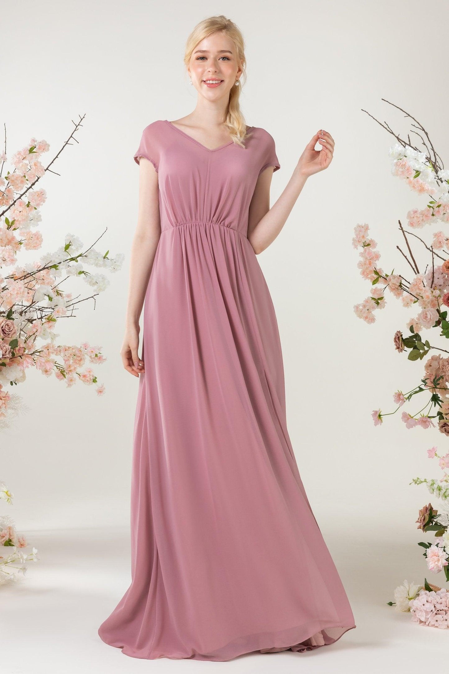 A-Line Sweep-Brush Train Chiffon Bridesmaid Dress CB0474 - COCOMELODY