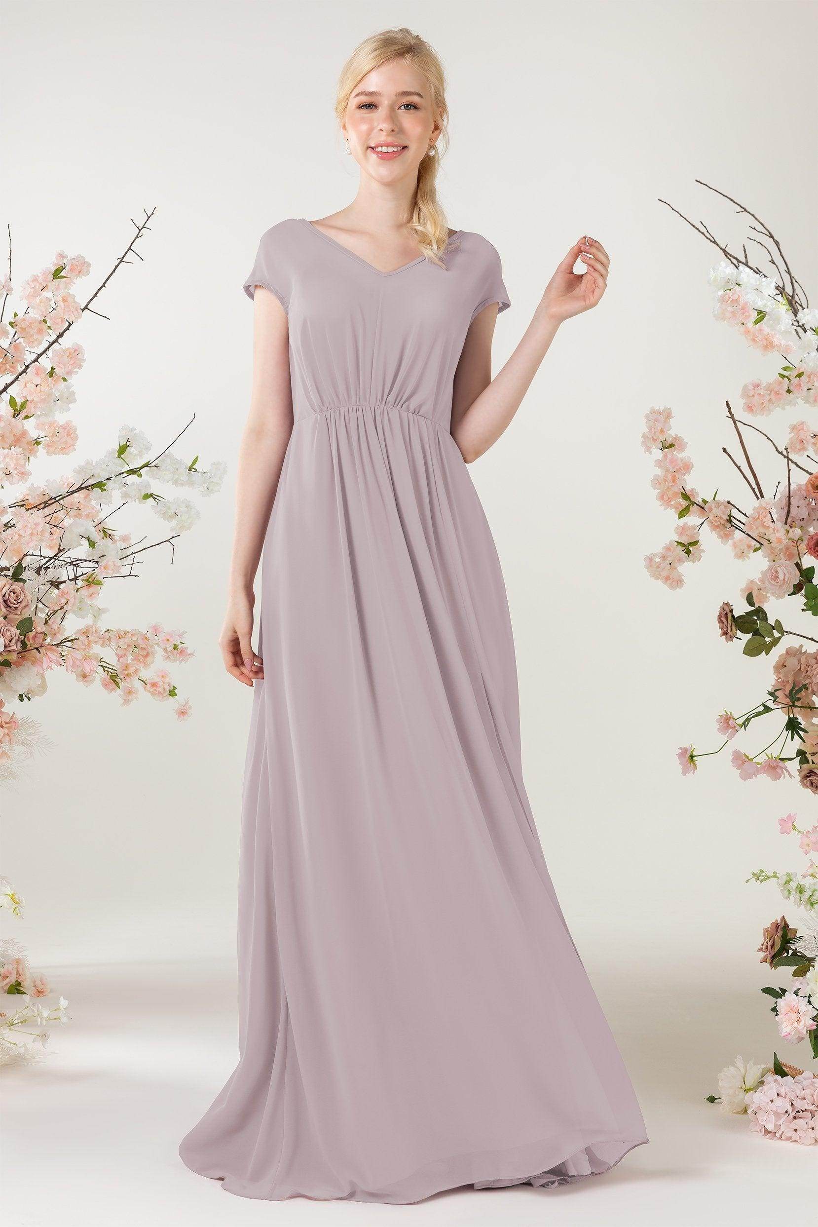 A-Line Sweep-Brush Train Chiffon Bridesmaid Dress CB0474 - COCOMELODY