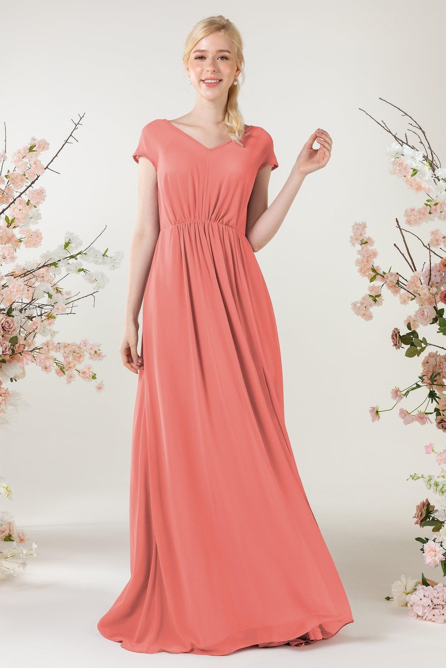 A-Line Sweep-Brush Train Chiffon Bridesmaid Dress CB0474 - COCOMELODY