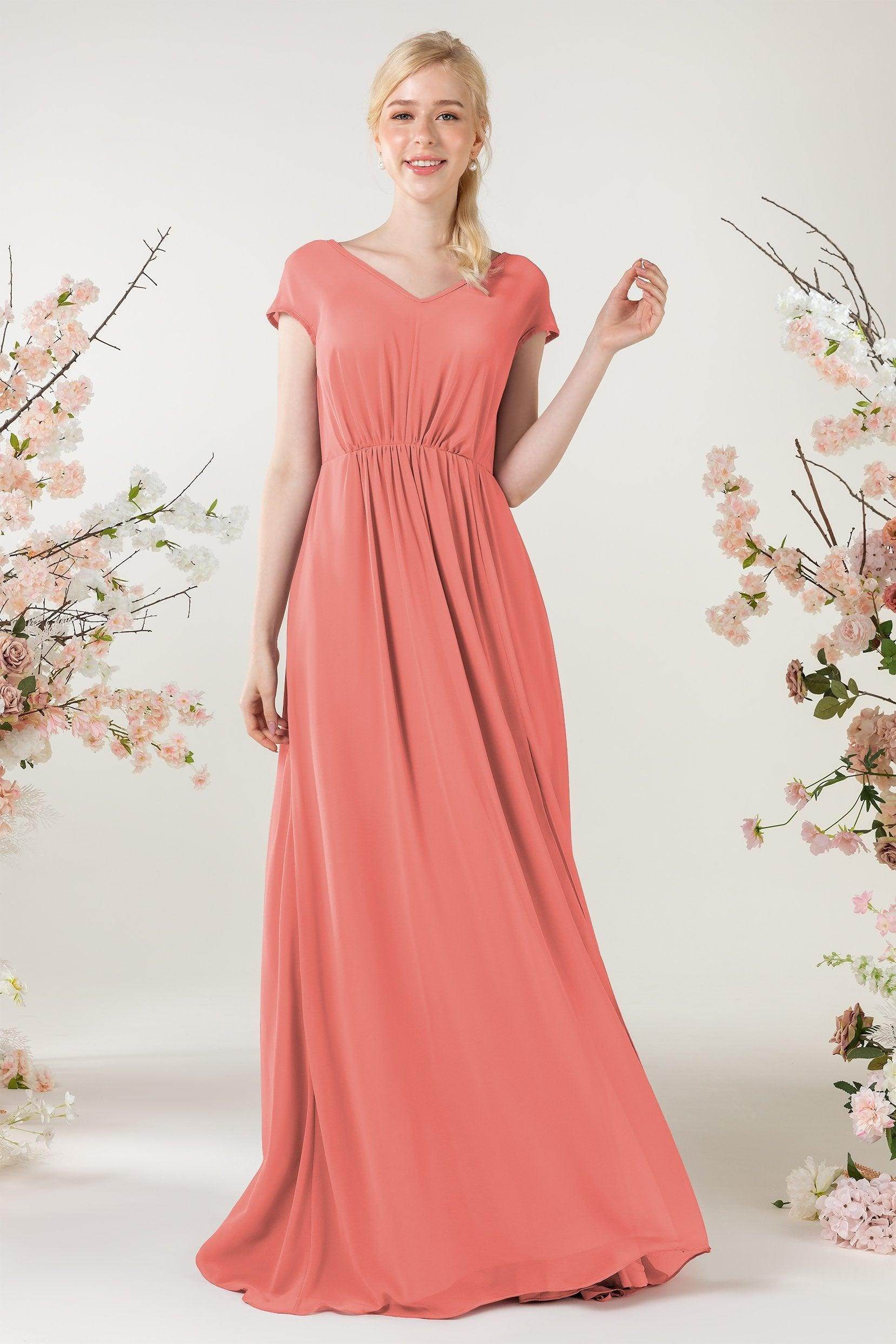 A-Line Sweep-Brush Train Chiffon Bridesmaid Dress CB0474 - COCOMELODY