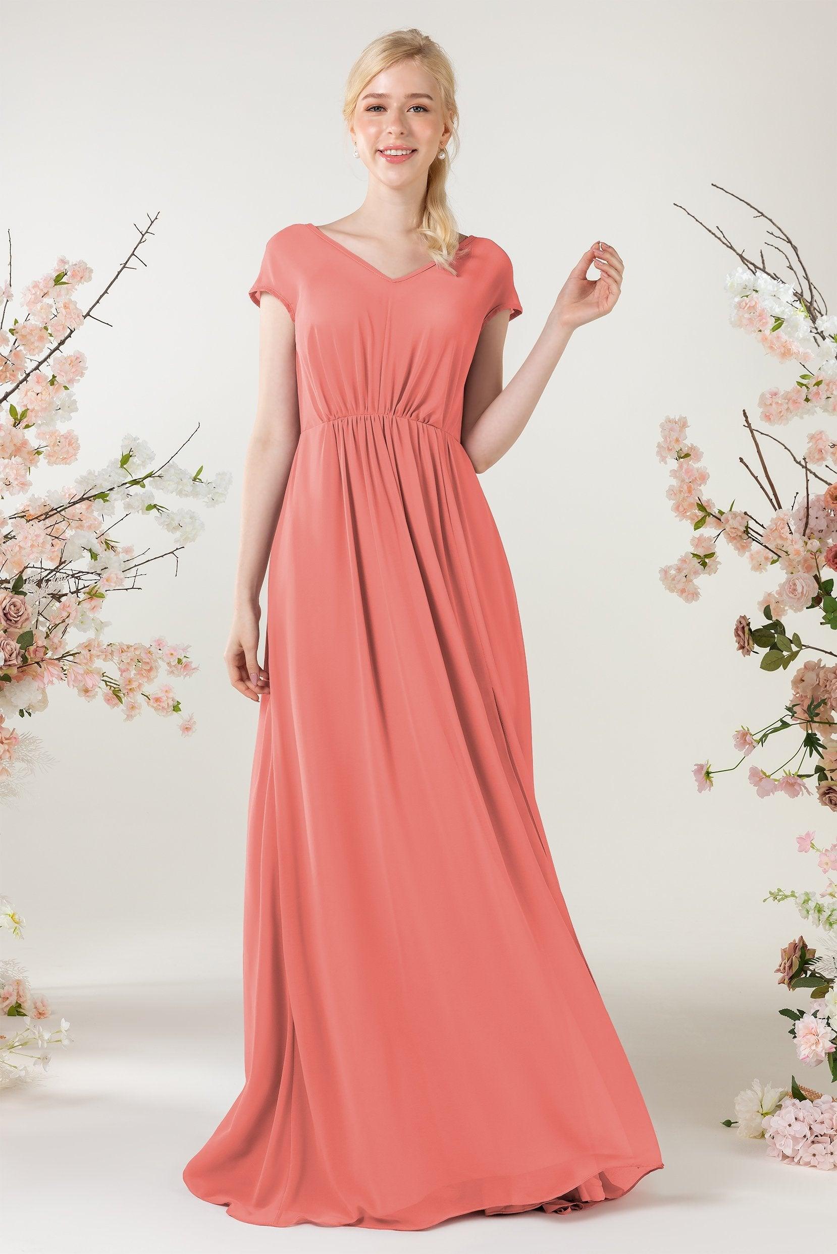 A-Line Sweep-Brush Train Chiffon Bridesmaid Dress CB0474 - COCOMELODY