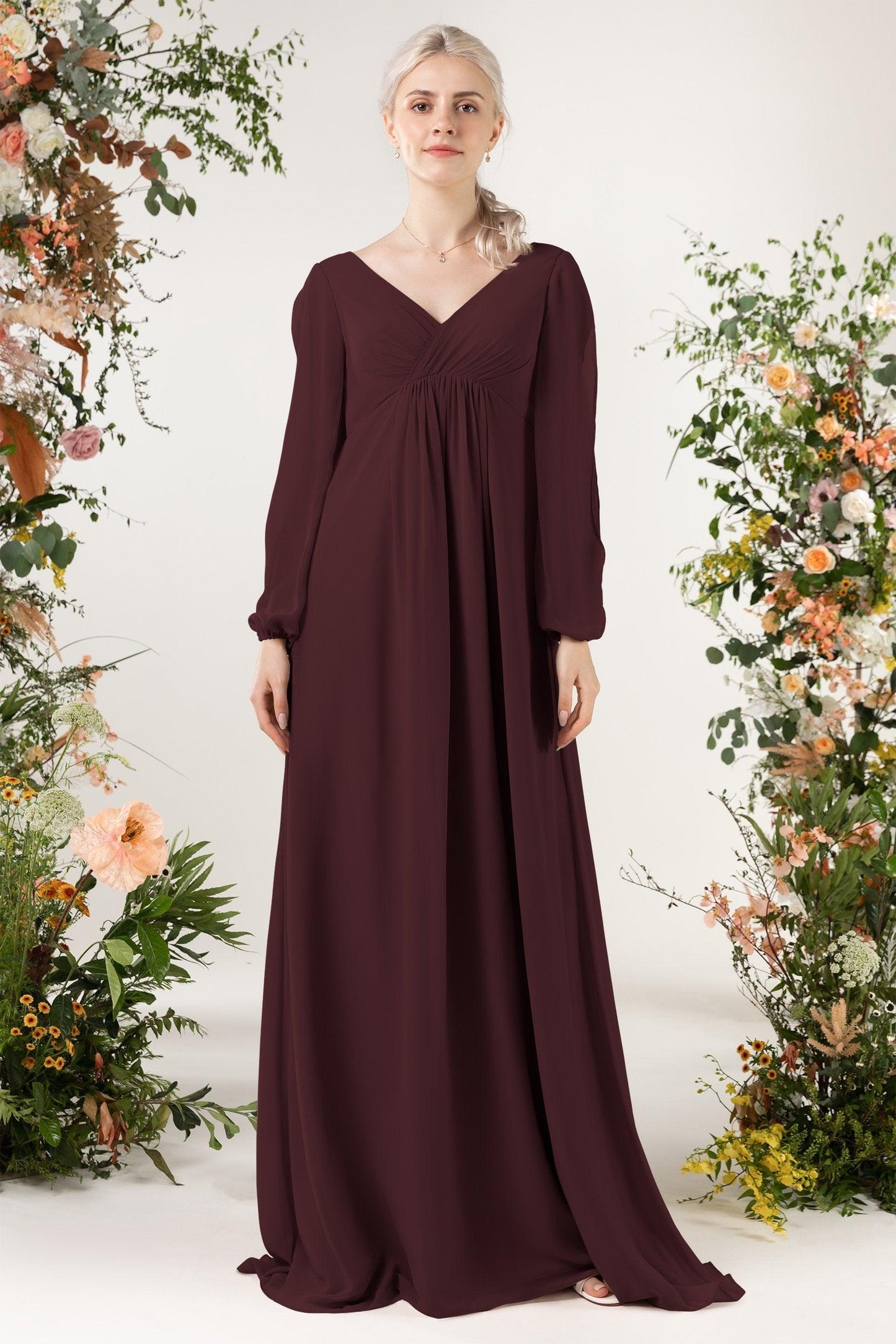 A-Line Sweep-Brush Train Chiffon Bridesmaid Dress CB0479 - COCOMELODY