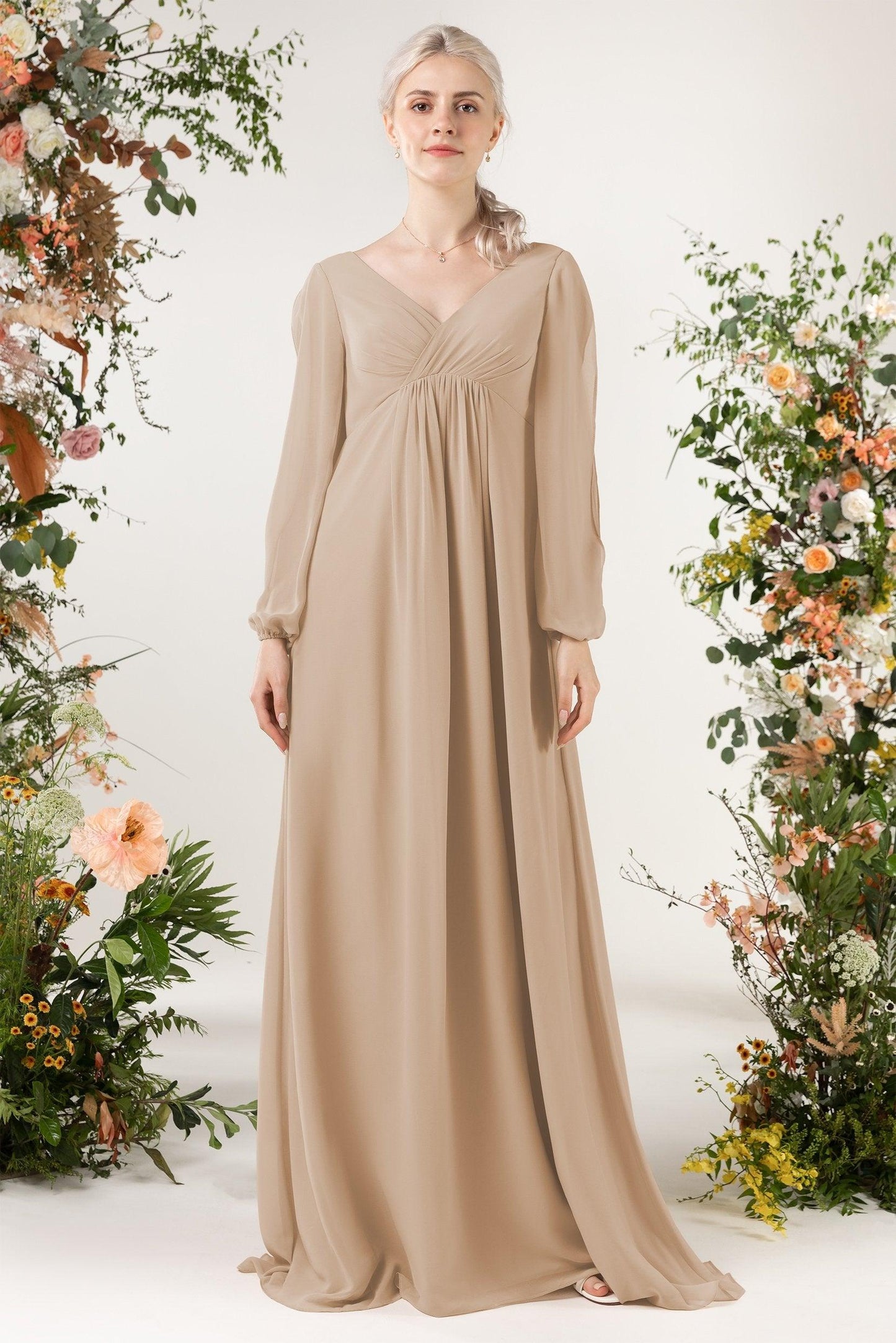 A-Line Sweep-Brush Train Chiffon Bridesmaid Dress CB0479 - COCOMELODY