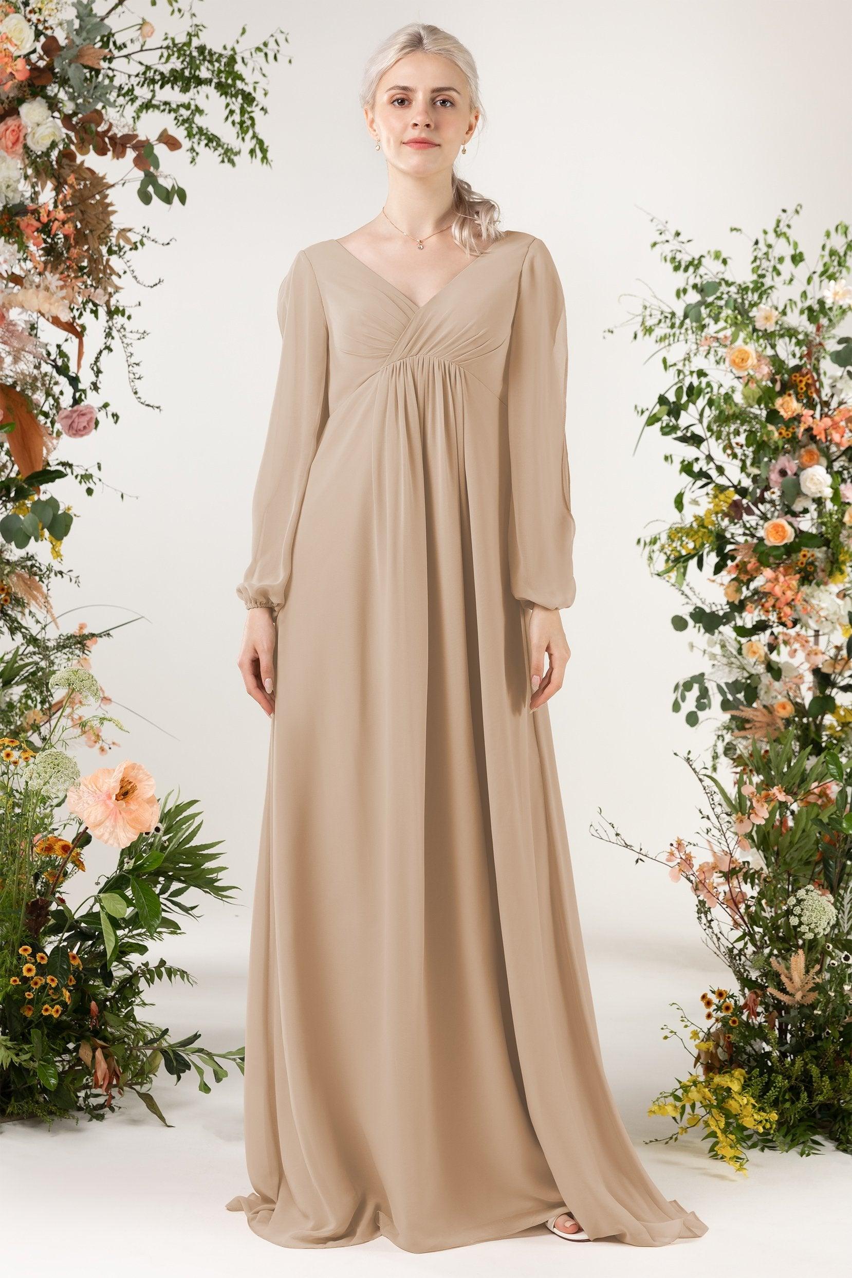 A-Line Sweep-Brush Train Chiffon Bridesmaid Dress CB0479 - COCOMELODY